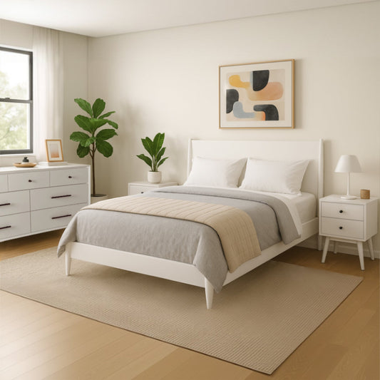 Flynn Panel Bed in a modern bedroom setting with light colors and minimalist decor.