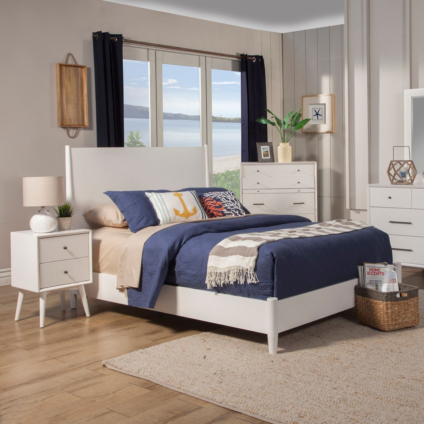Flynn Panel Bed in a stylish bedroom setting, showcasing Mid-Century Modern design with white finish.