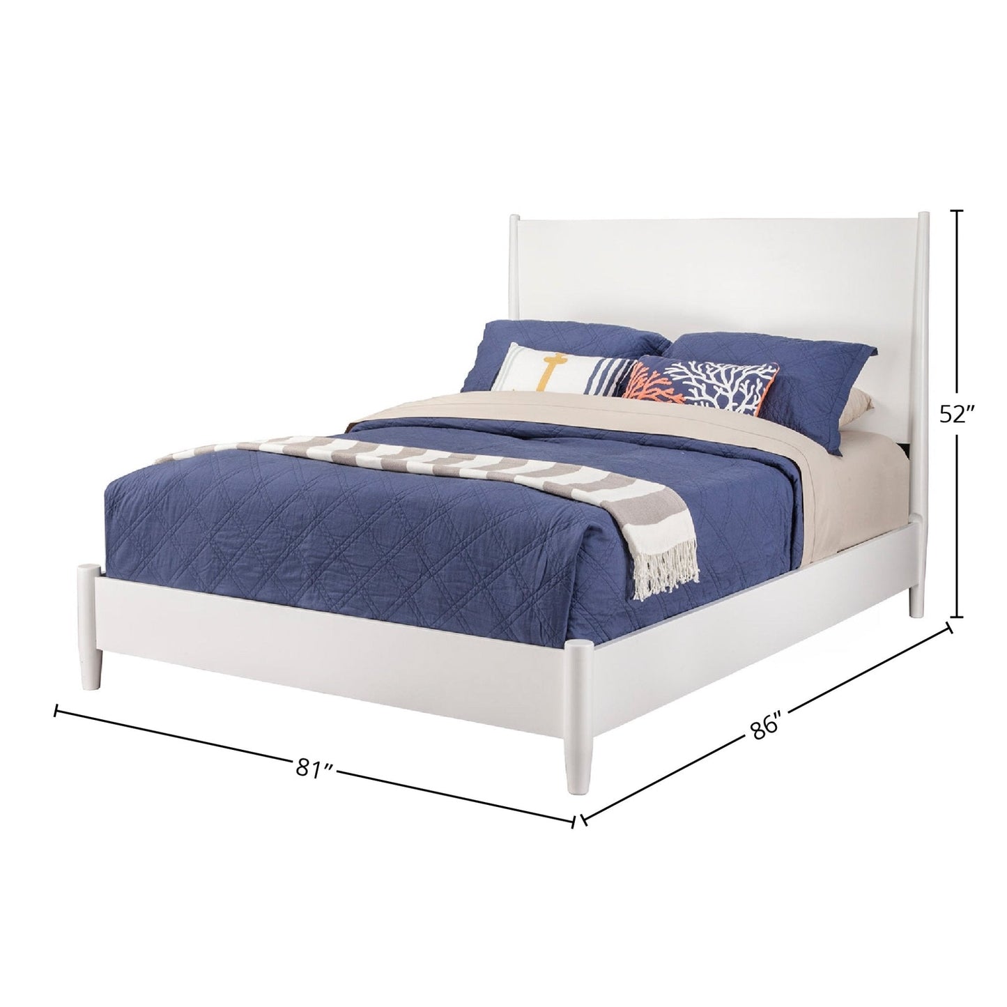 Flynn Panel Bed in white with blue bedding, featuring Mid-Century Modern design and sturdy Mahogany construction.