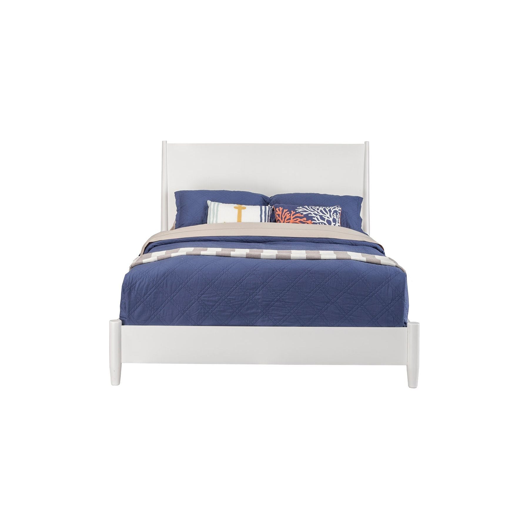 Flynn Panel Bed in white with blue bedding, showcasing Mid-Century Modern design and sturdy construction.