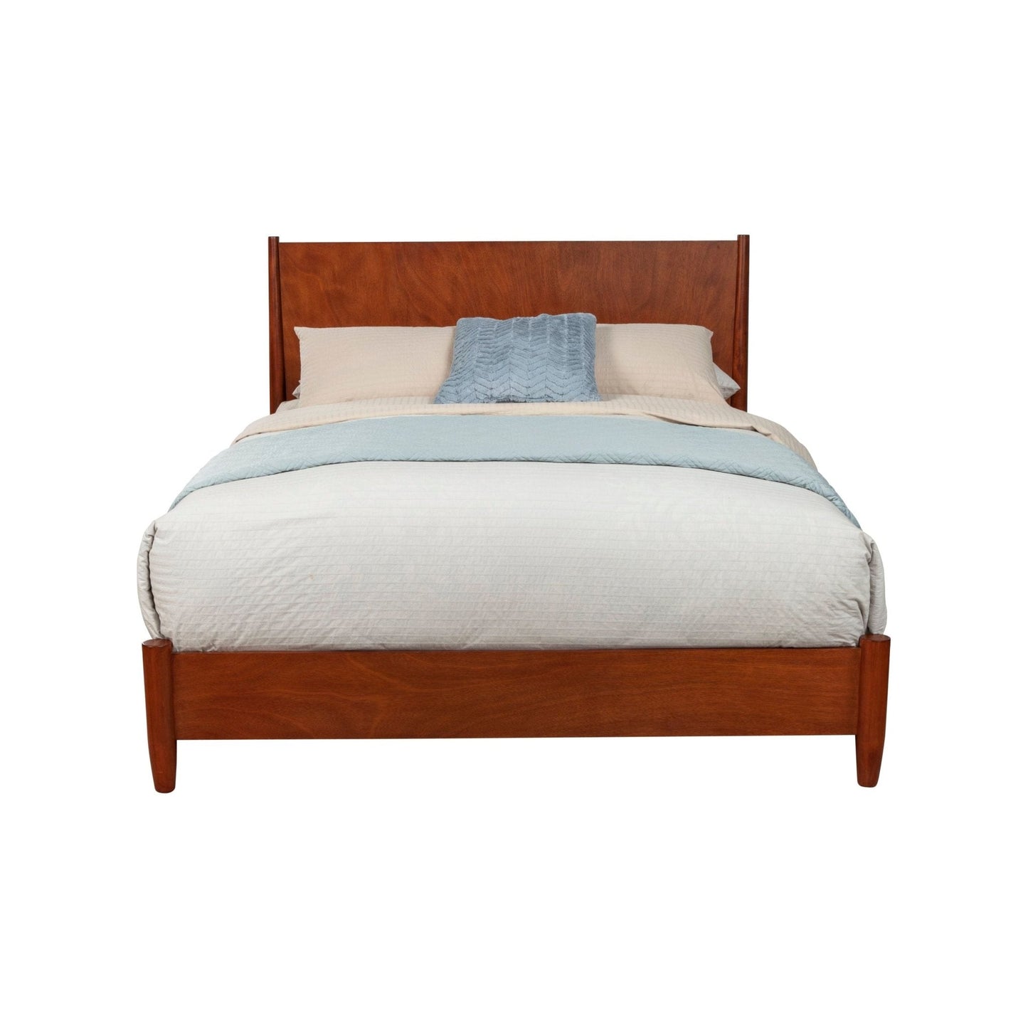 Flynn Platform Bed in Chestnut with light bedding and decorative throw pillow.