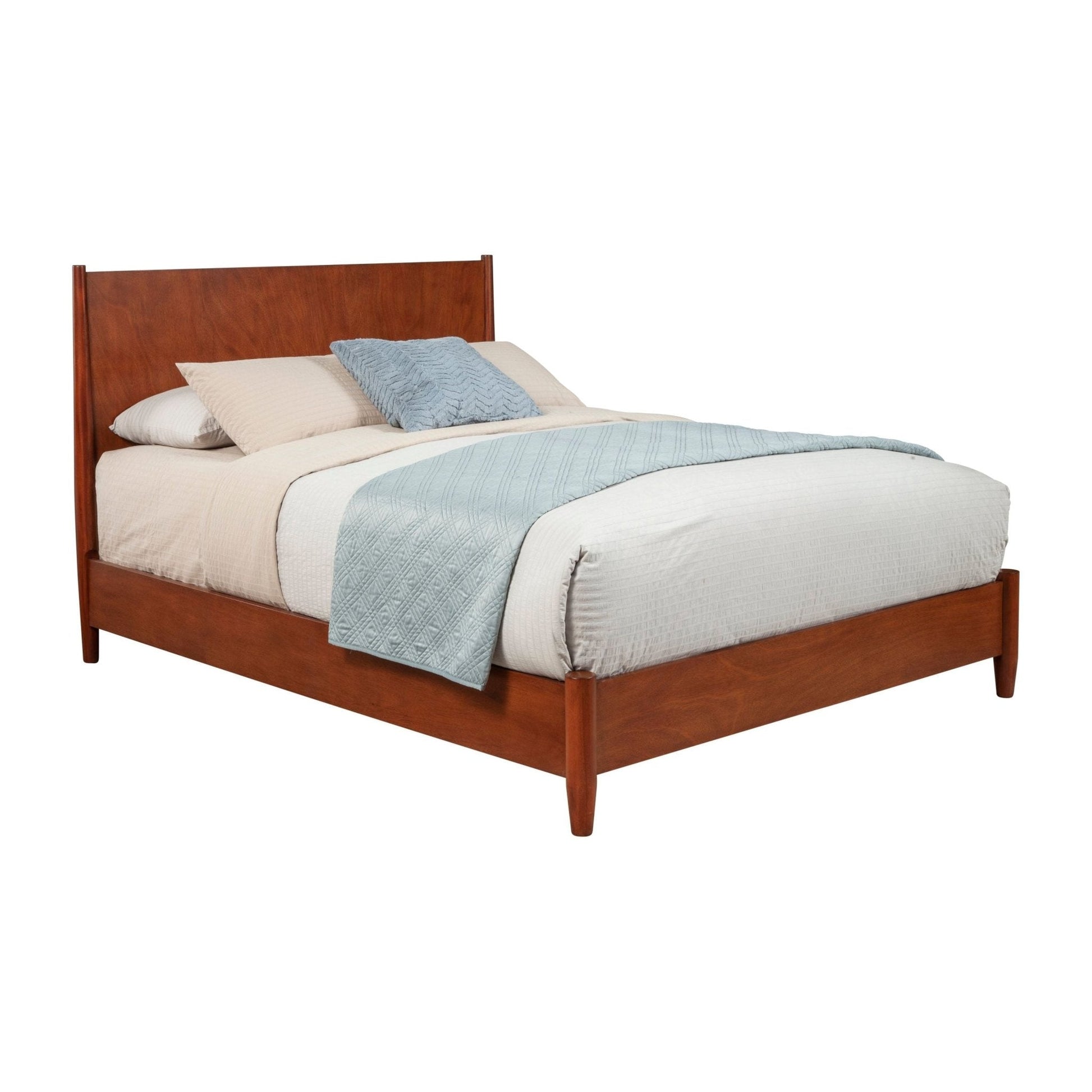 Flynn Platform Bed in Chestnut finish with cozy bedding and decorative pillows, showcasing Mid-Century Modern style.