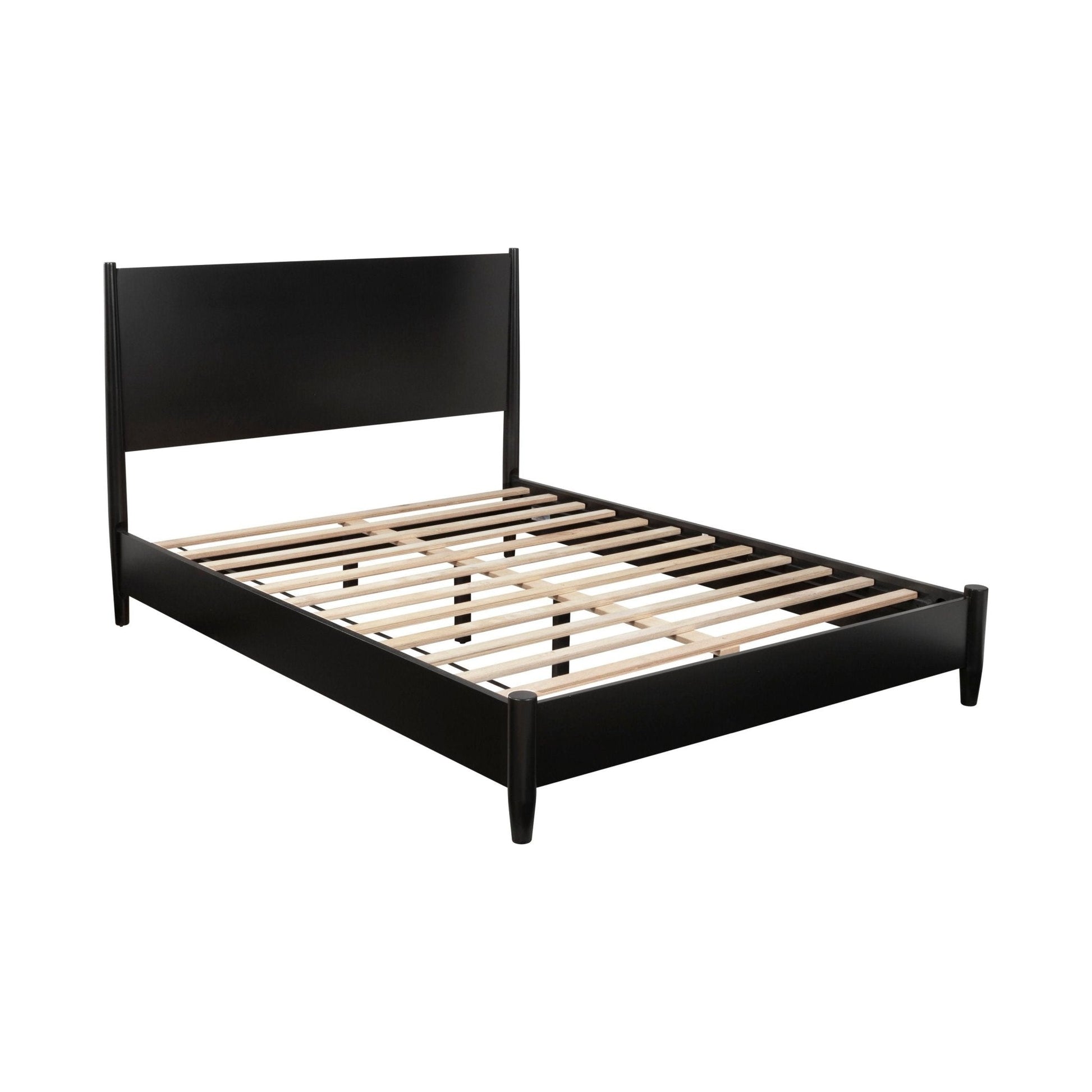 Flynn Platform Bed elegantly showcases Mid-Century Modern design in a sleek black finish.