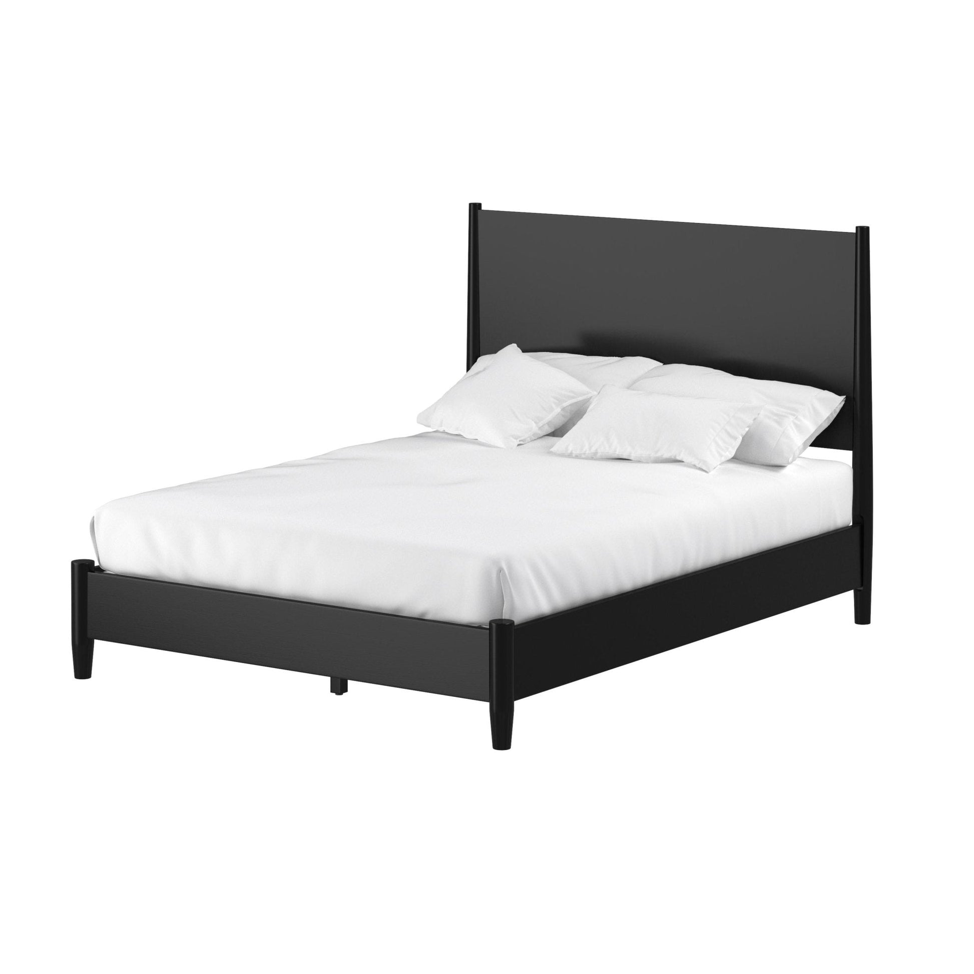 Flynn Platform Bed in Black with white bedding and pillows, showcasing Mid-Century Modern design.