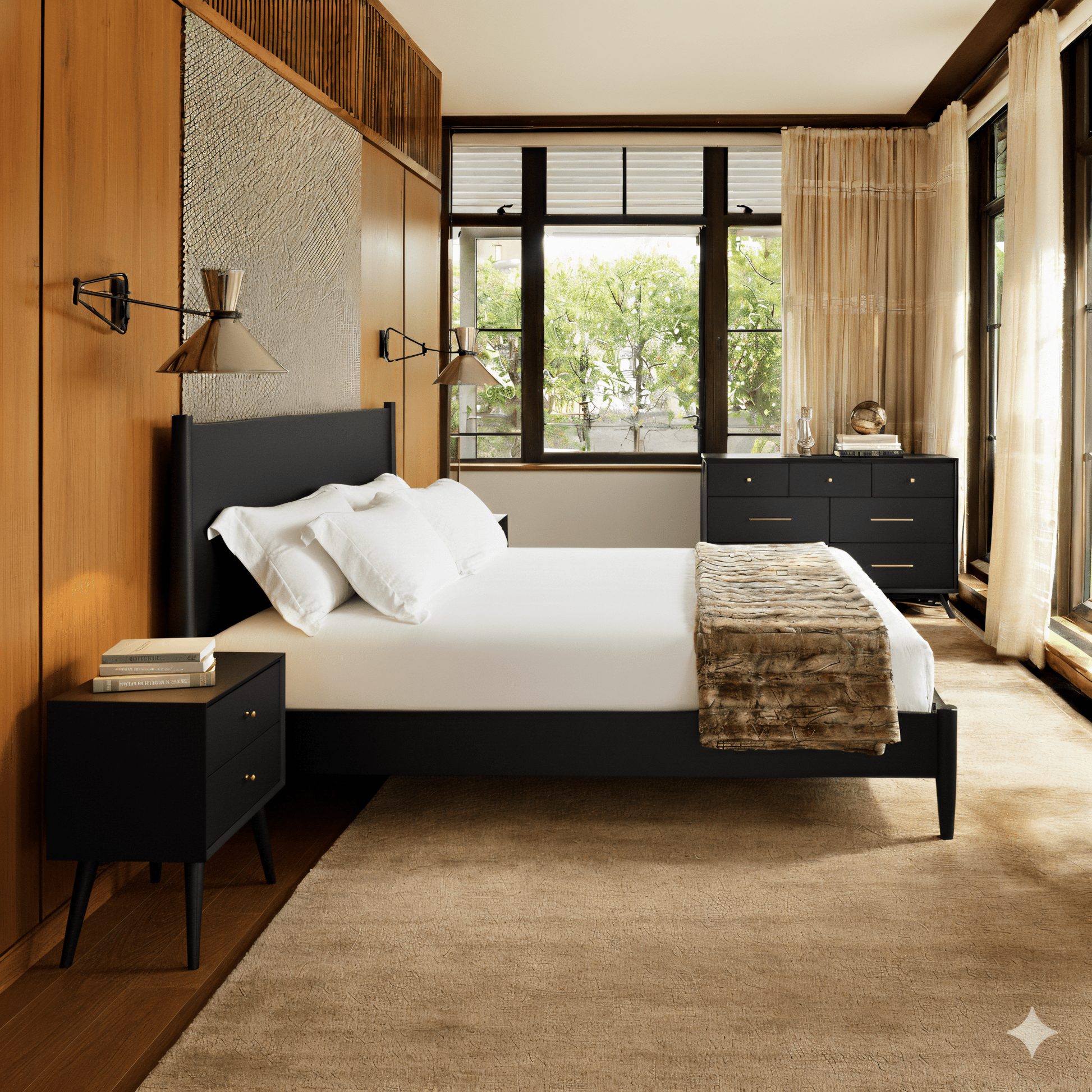 Flynn Platform Bed in black featuring a stylish Mid-Century Modern design with a cozy bedroom setting.
