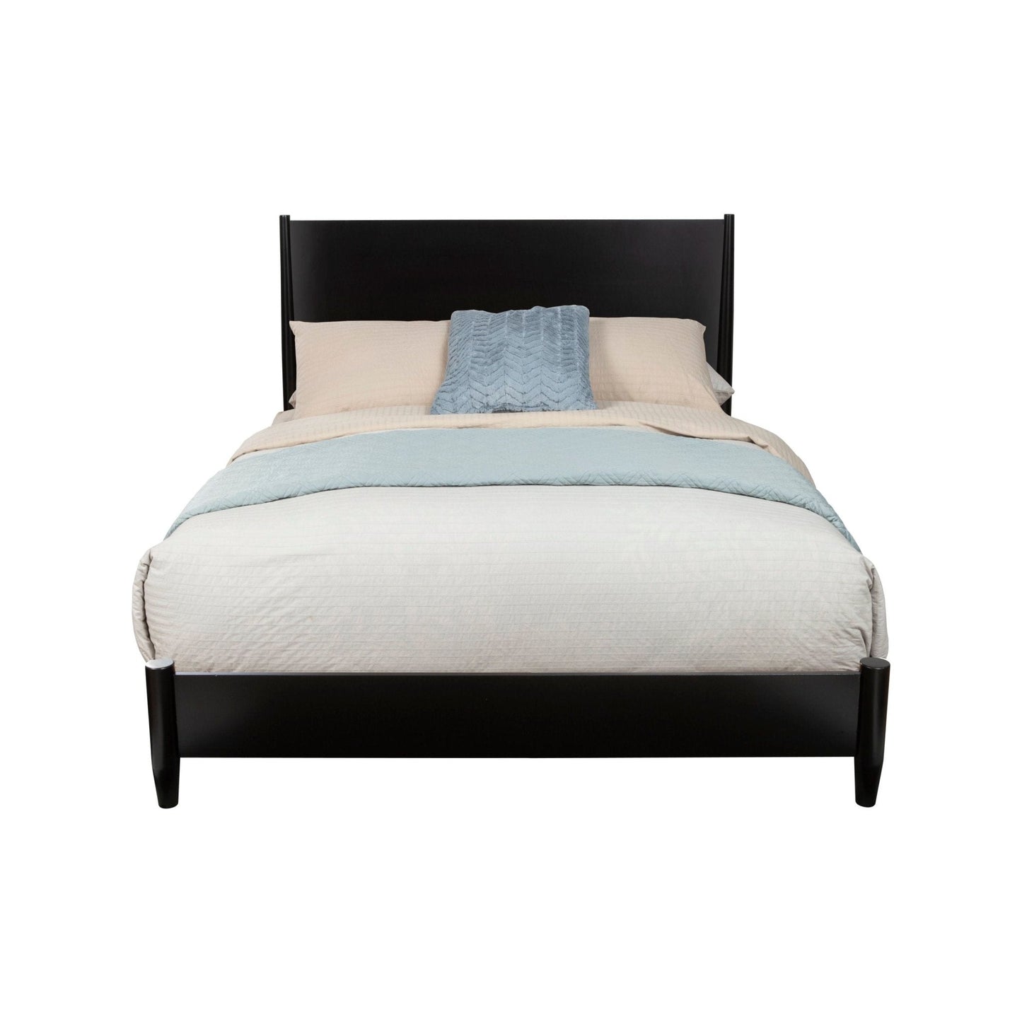 Flynn Platform Bed in black finish with soft bedding and decorative throw blanket.