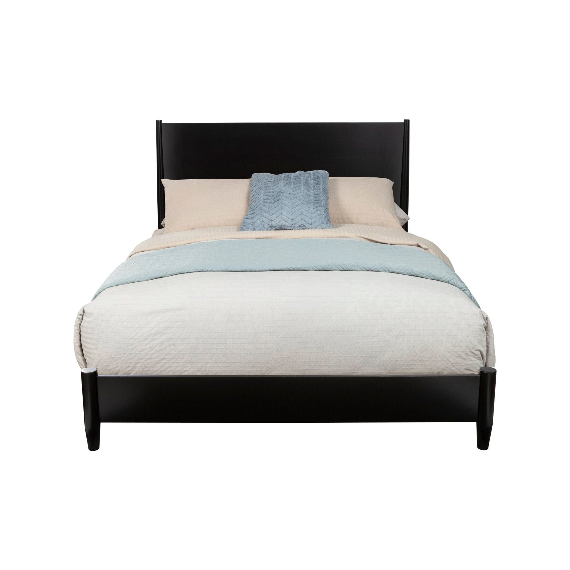 Flynn Platform Bed in black finish with soft bedding and decorative throw blanket.