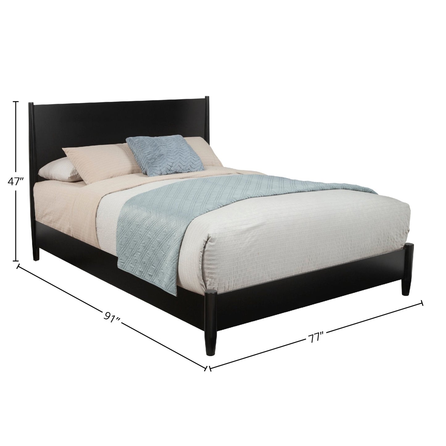 Flynn Platform Bed in Black with comforter and decorative pillows, showcasing Mid-Century Modern design and dimensions.