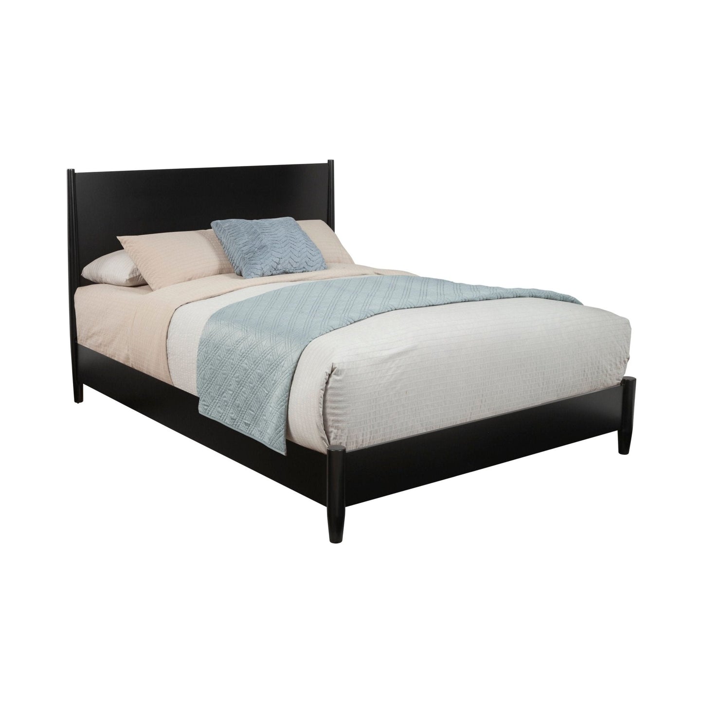 Flynn Platform Bed in Black with cozy bedding and decorative pillows, showcasing Mid-Century Modern design.