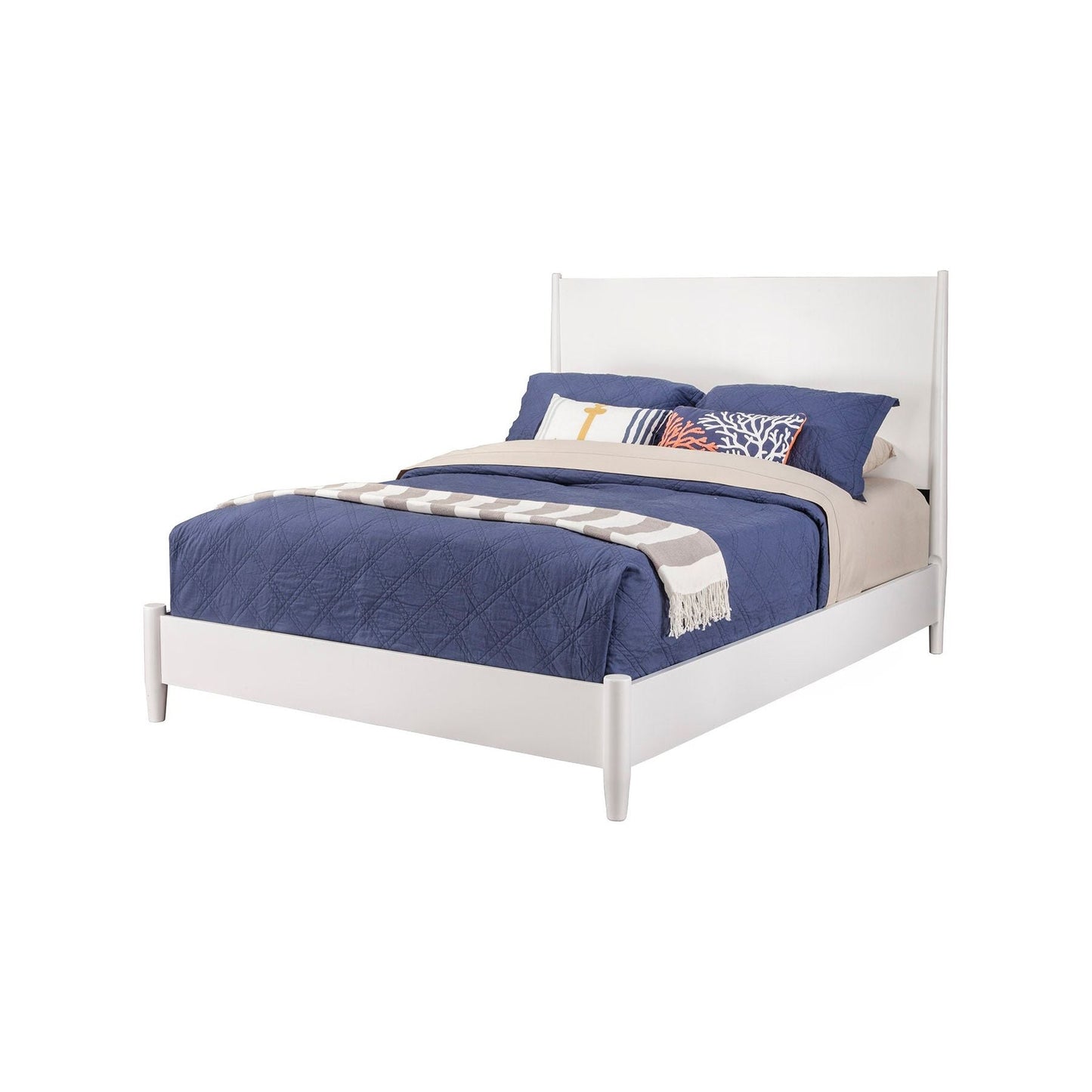 Flynn Platform Bed in white with blue bedding, highlighting Mid-Century Modern design and sturdy construction.