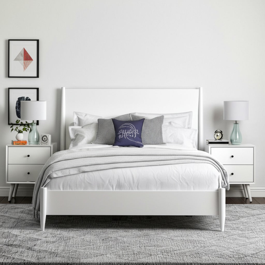 Flynn Platform Bed in white with modern decor and stylish bedside tables.