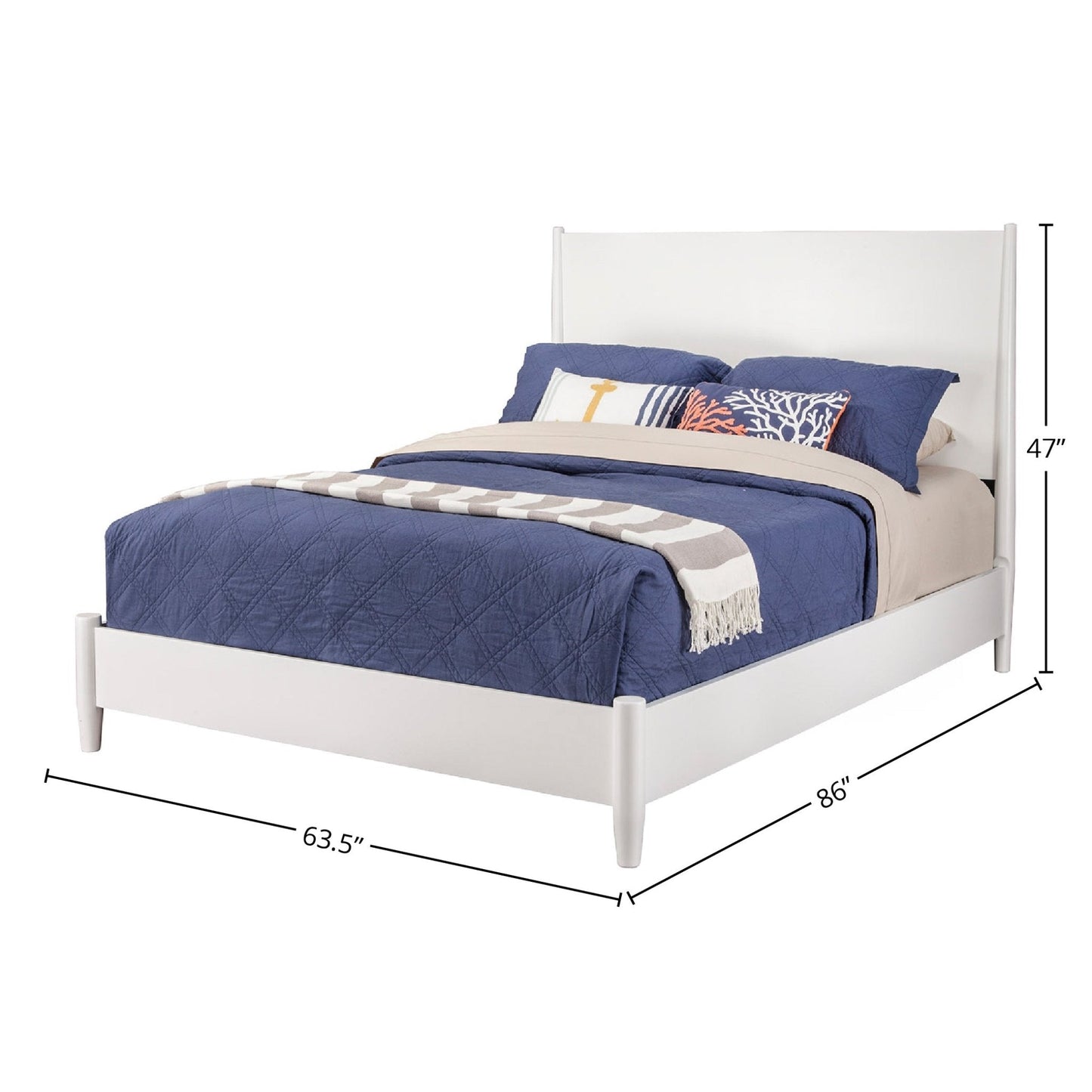Flynn Platform Bed in white finish with navy bedding, showcasing Mid-Century Modern design.