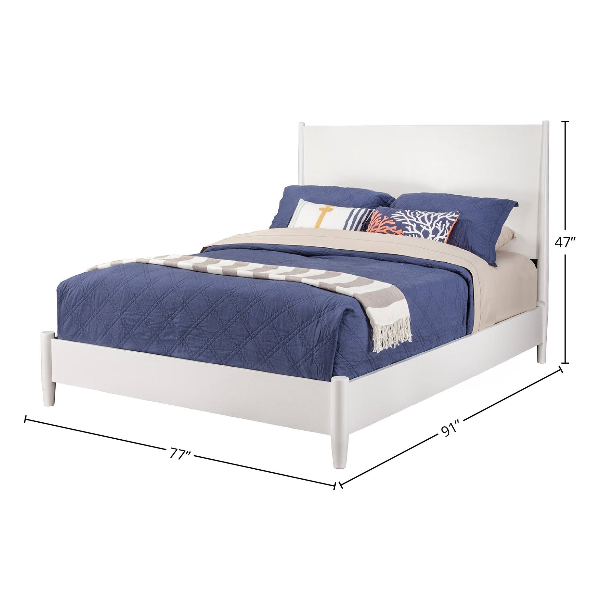 Flynn Platform Bed, White with navy bedding, showcasing Mid-Century Modern design and solid Mahogany construction.