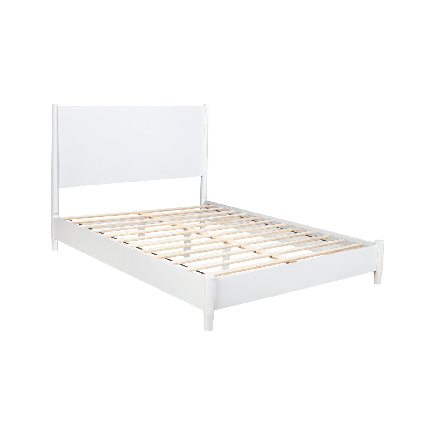 Flynn Platform Bed in white with a sleek Mid-Century Modern design and sturdy slats.
