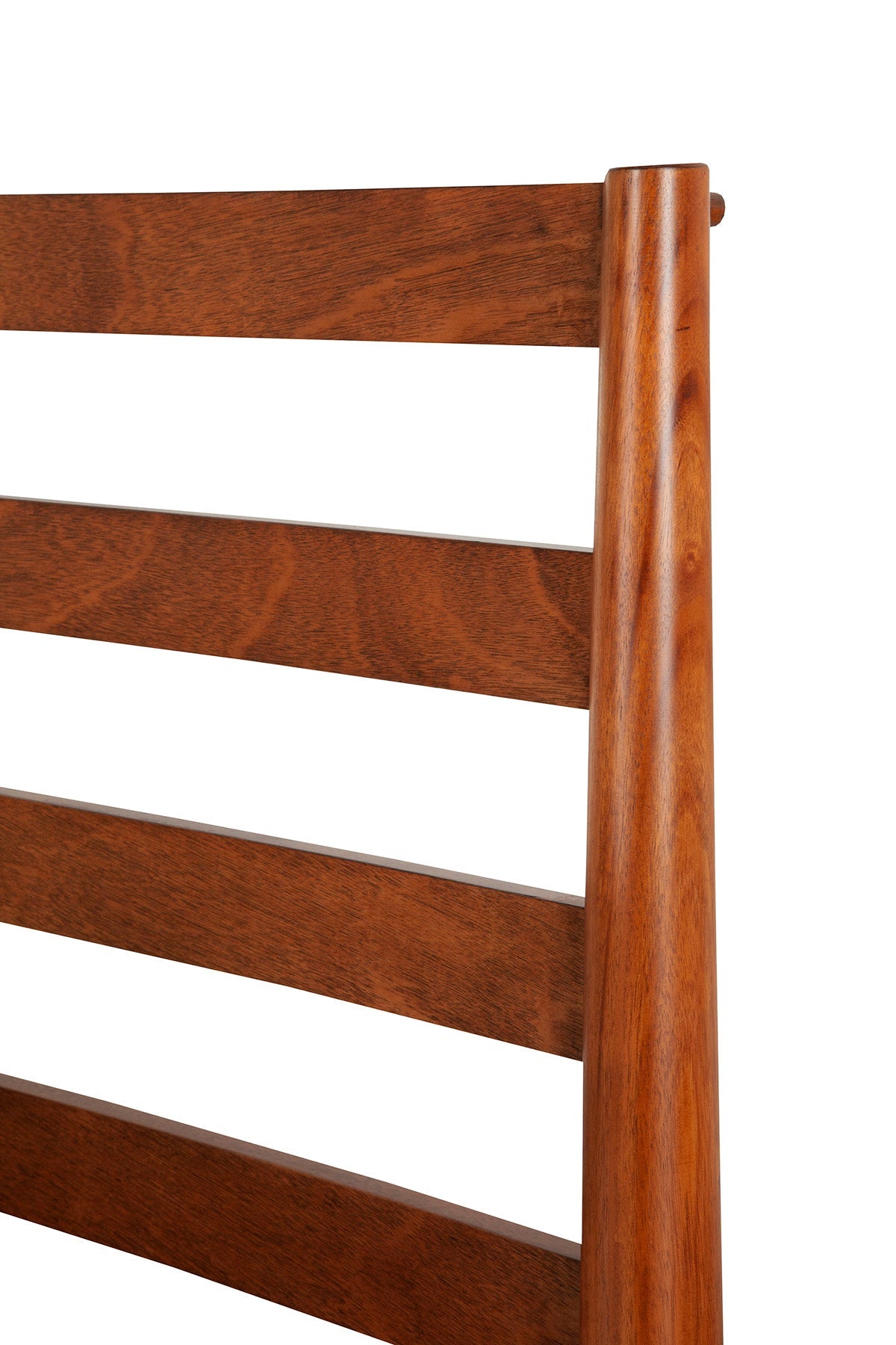 Flynn Retro Bed slat back headboard detail in Chestnut finish, showcasing mid-century modern design.