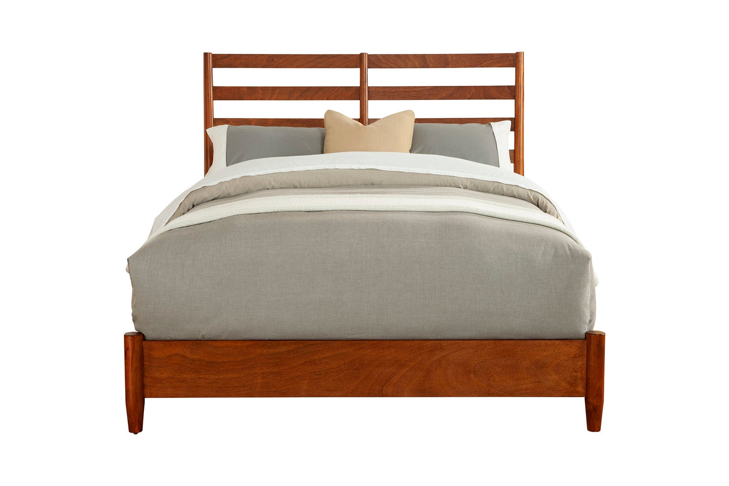 Flynn Retro Bed in Chestnut finish with slat back headboard and comfortable bedding.