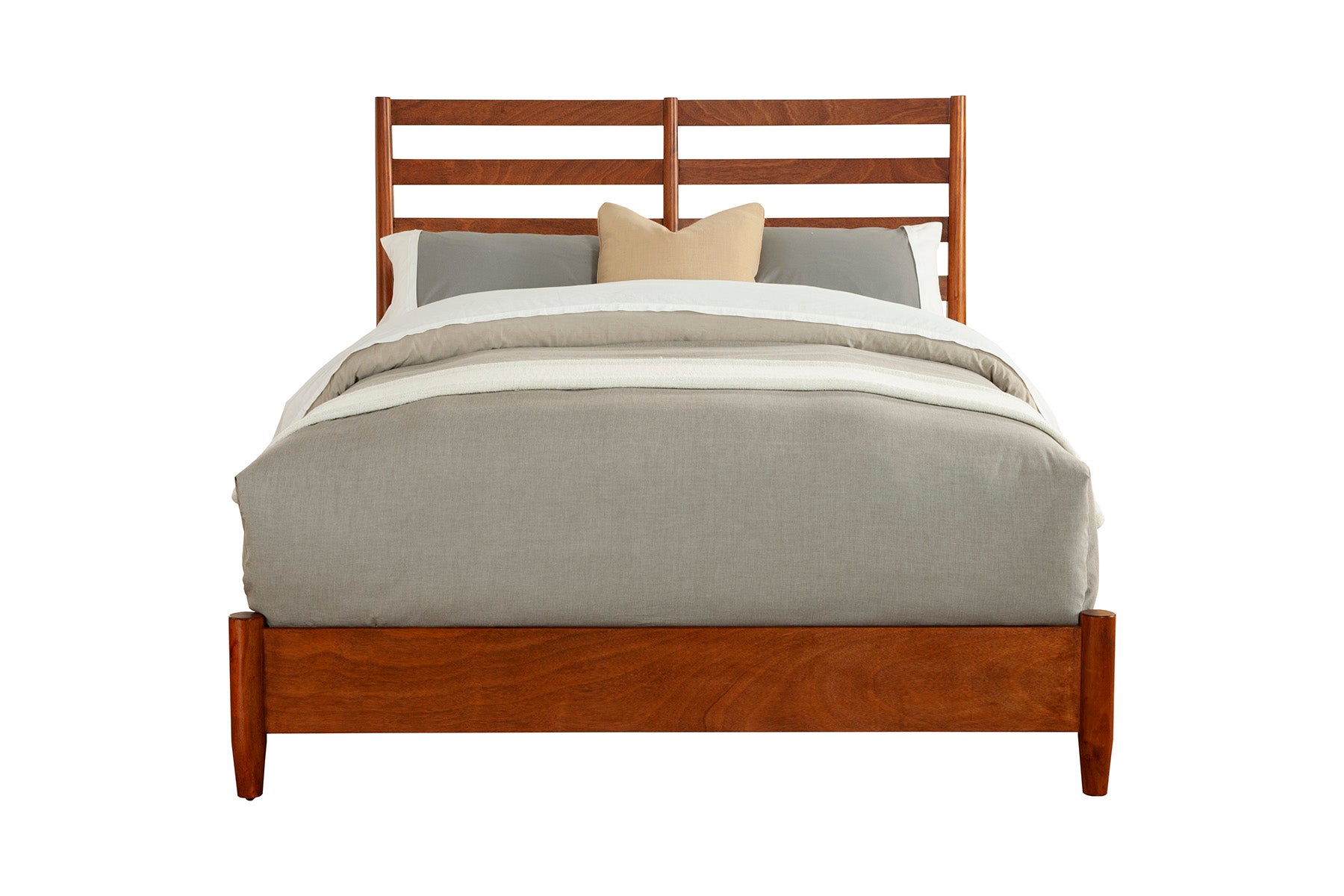 Flynn Retro Bed in Chestnut finish with slat back headboard and comfortable bedding.