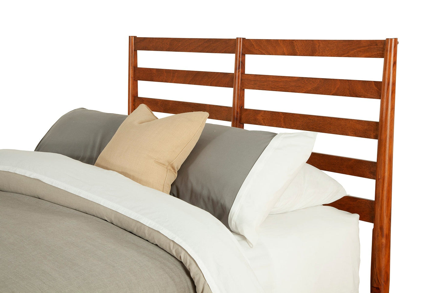 Flynn Retro Bed slat back headboard in chestnut finish with cozy bedding and decorative pillows.