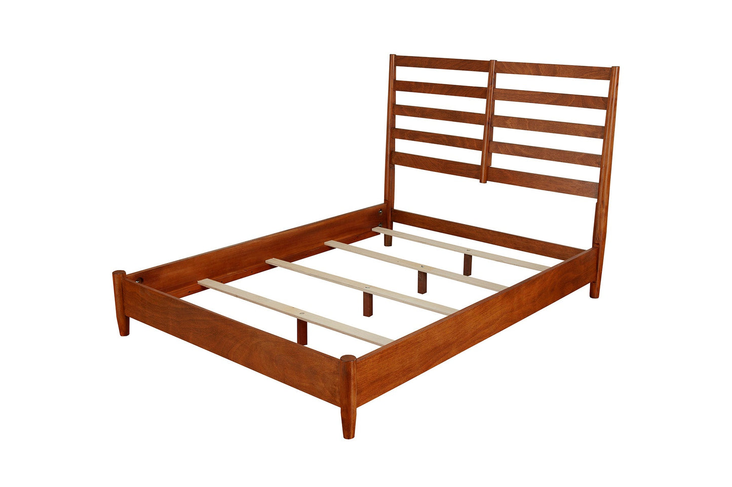 Flynn Retro Bed in Chestnut finish with slat back headboard and tapered legs, perfect for mid-century modern bedrooms.