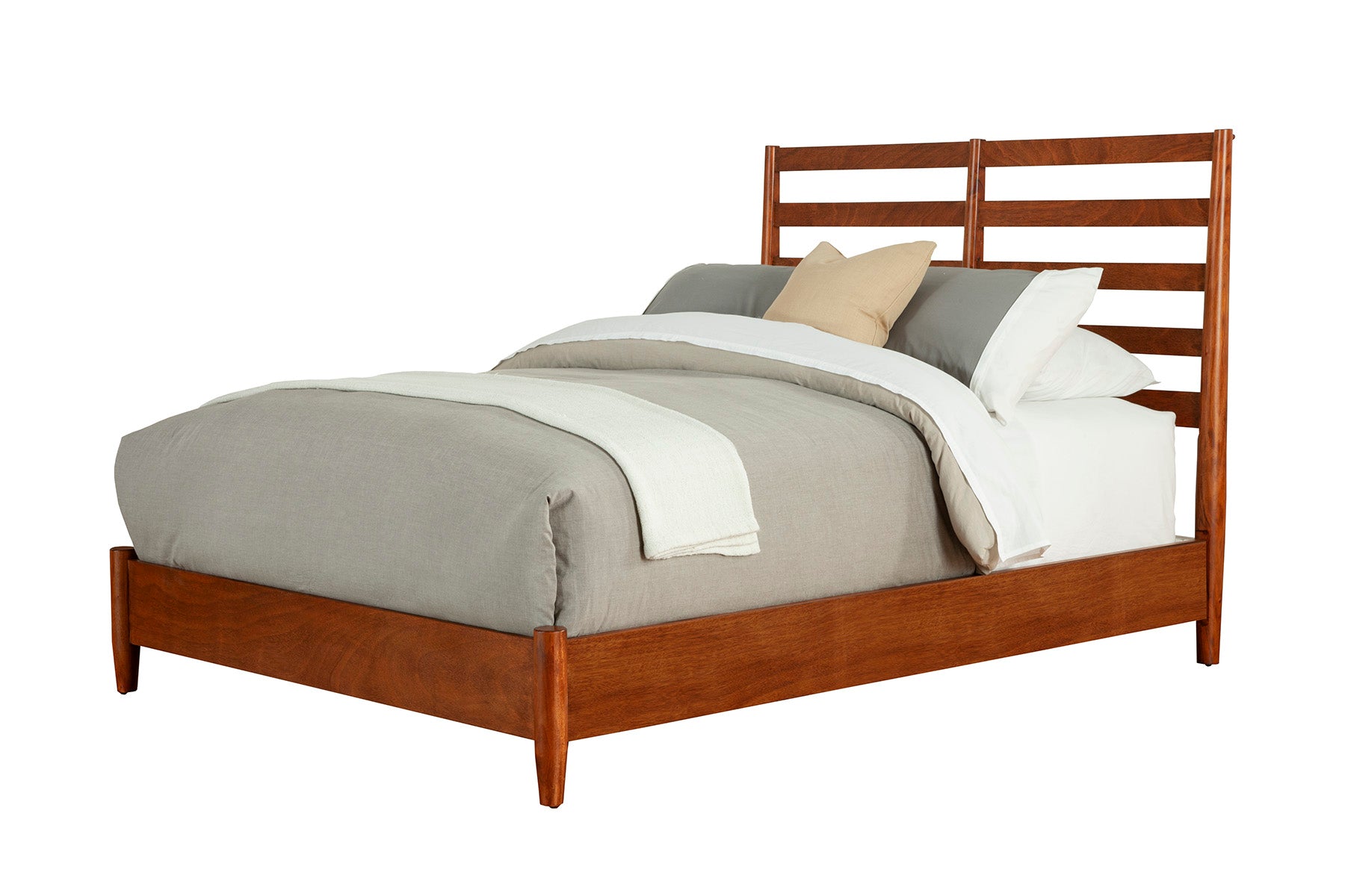 Flynn Retro Bed in Chestnut finish with slat back headboard and soft bedding in a modern bedroom setting.