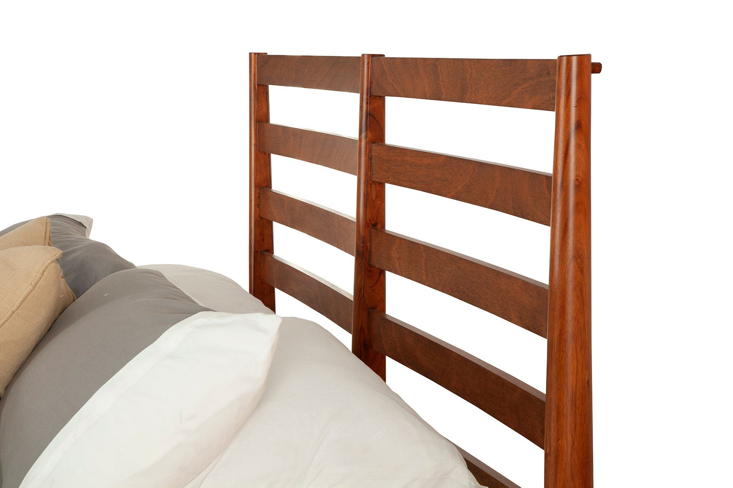 Flynn Retro Bed headboard in Chestnut finish showcasing slatted design with cozy bedding.