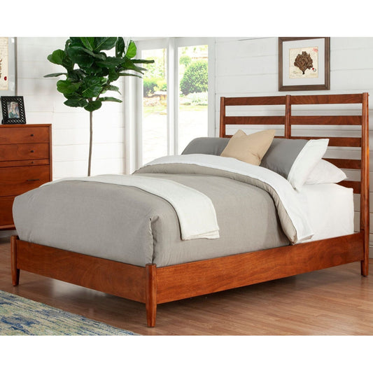Flynn Retro Bed in Chestnut finish, showcasing slat back headboard and modern design for stylish bedroom.