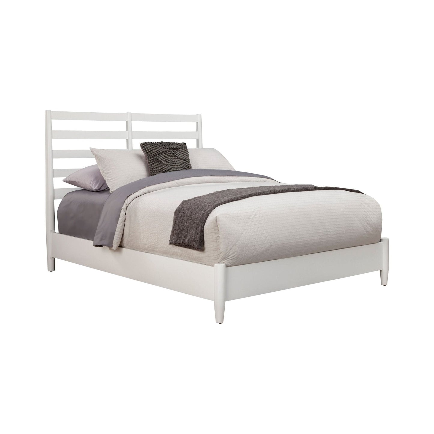 Flynn Retro Bed in white finish with a slat back headboard, showcasing a stylish Mid-century Modern design.