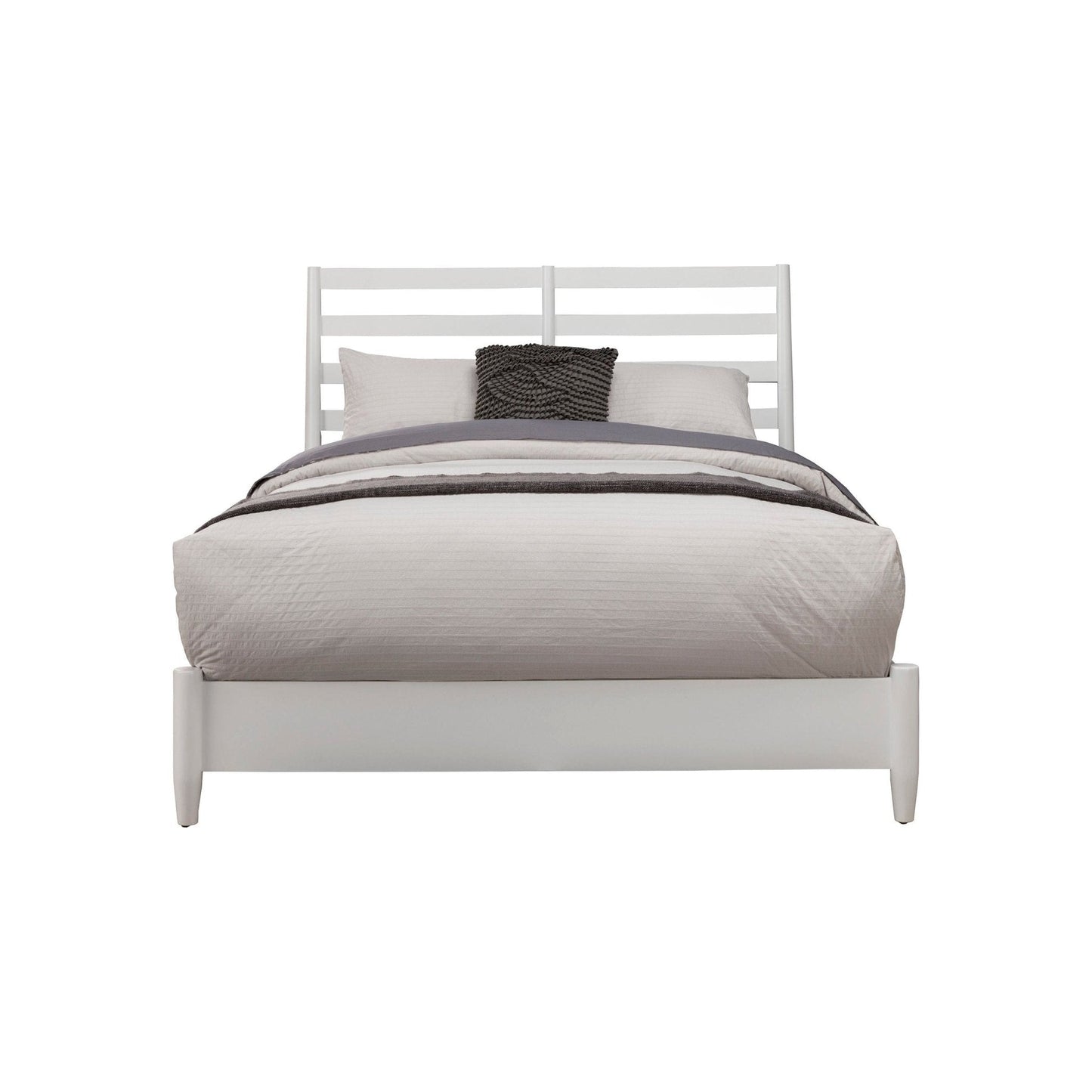 Flynn Retro Bed in White with slat back headboard and tapered legs, perfect for Mid-century Modern bedrooms.