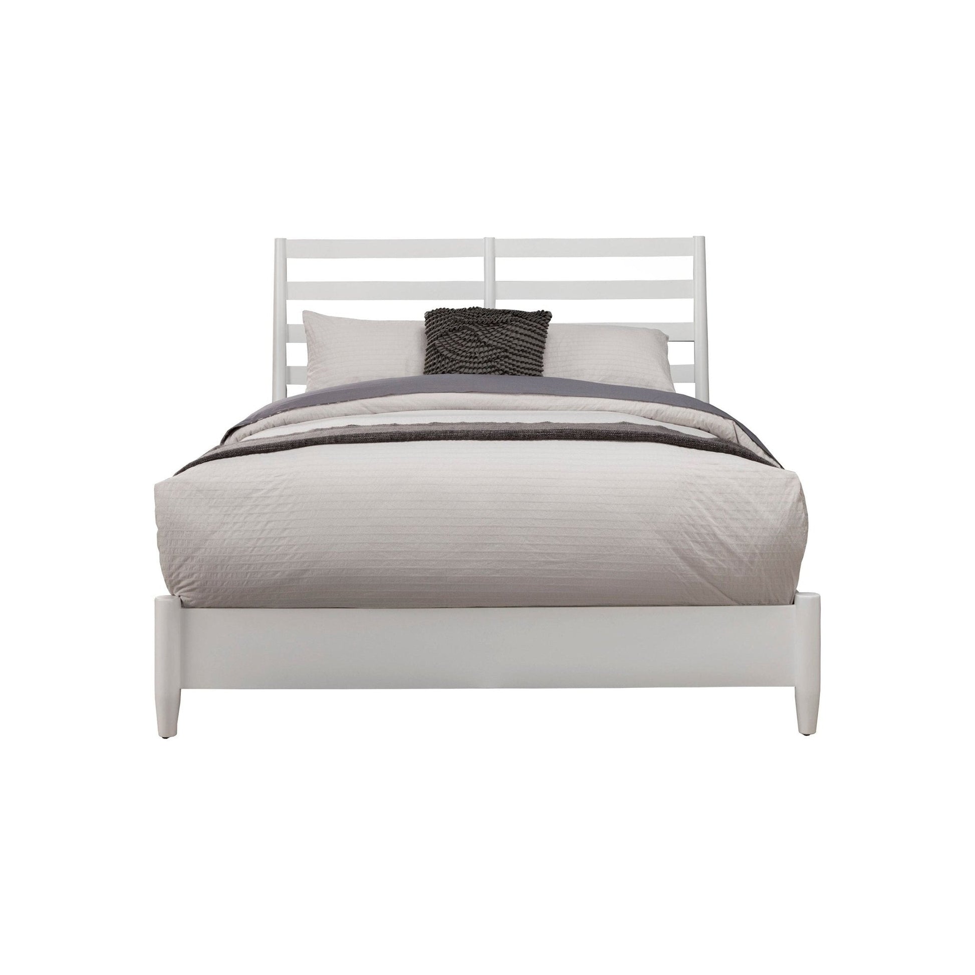 Flynn Retro Bed in White with slat back headboard and tapered legs, perfect for Mid-century Modern bedrooms.