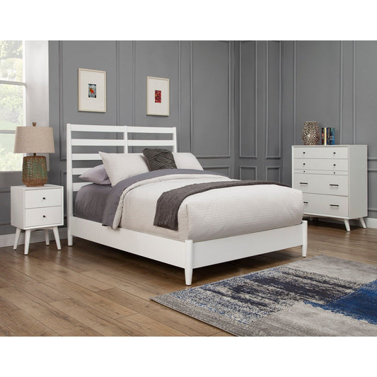 A stylish Flynn Retro Bed in white with slat back headboard, surrounded by modern bedroom furniture.