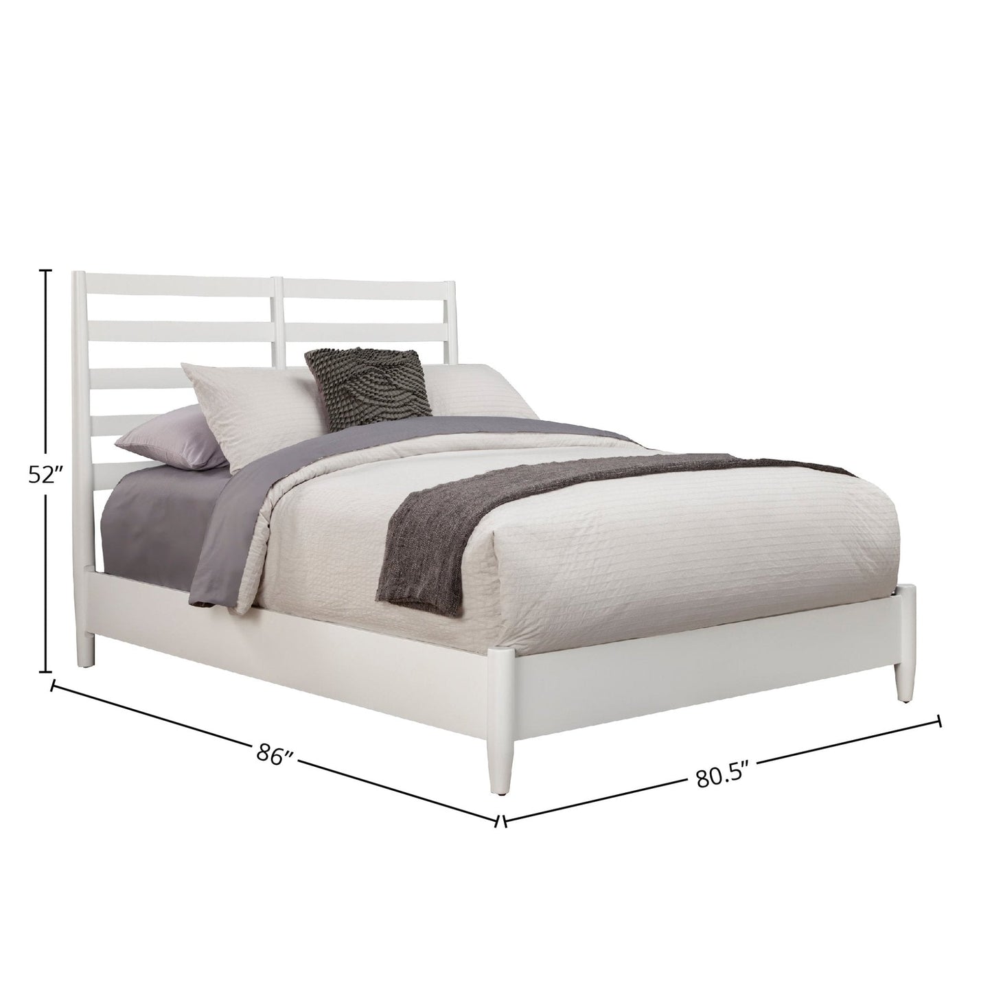 Flynn Retro Bed in White featuring a slat back headboard and tapered legs for Mid-century Modern style.