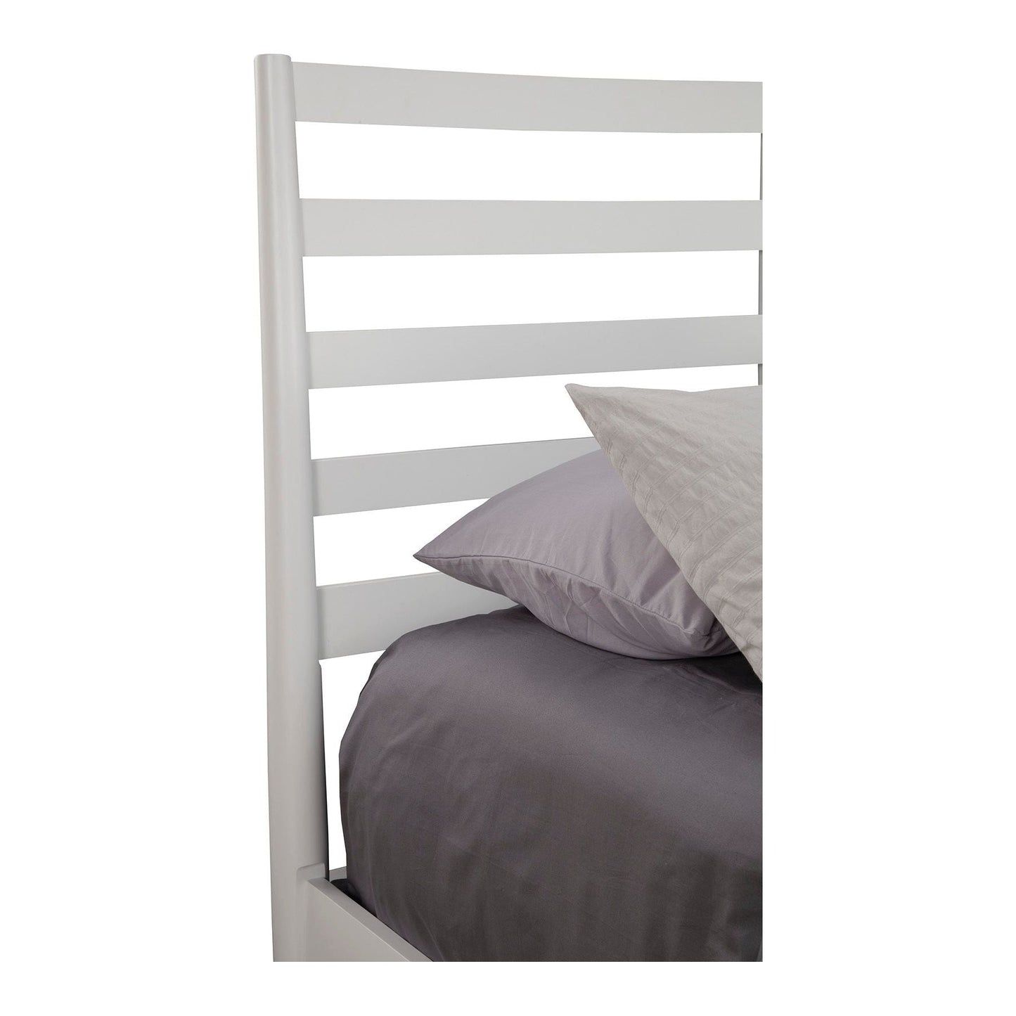 Flynn Retro Bed slat back headboard detail with pillows in white finish.