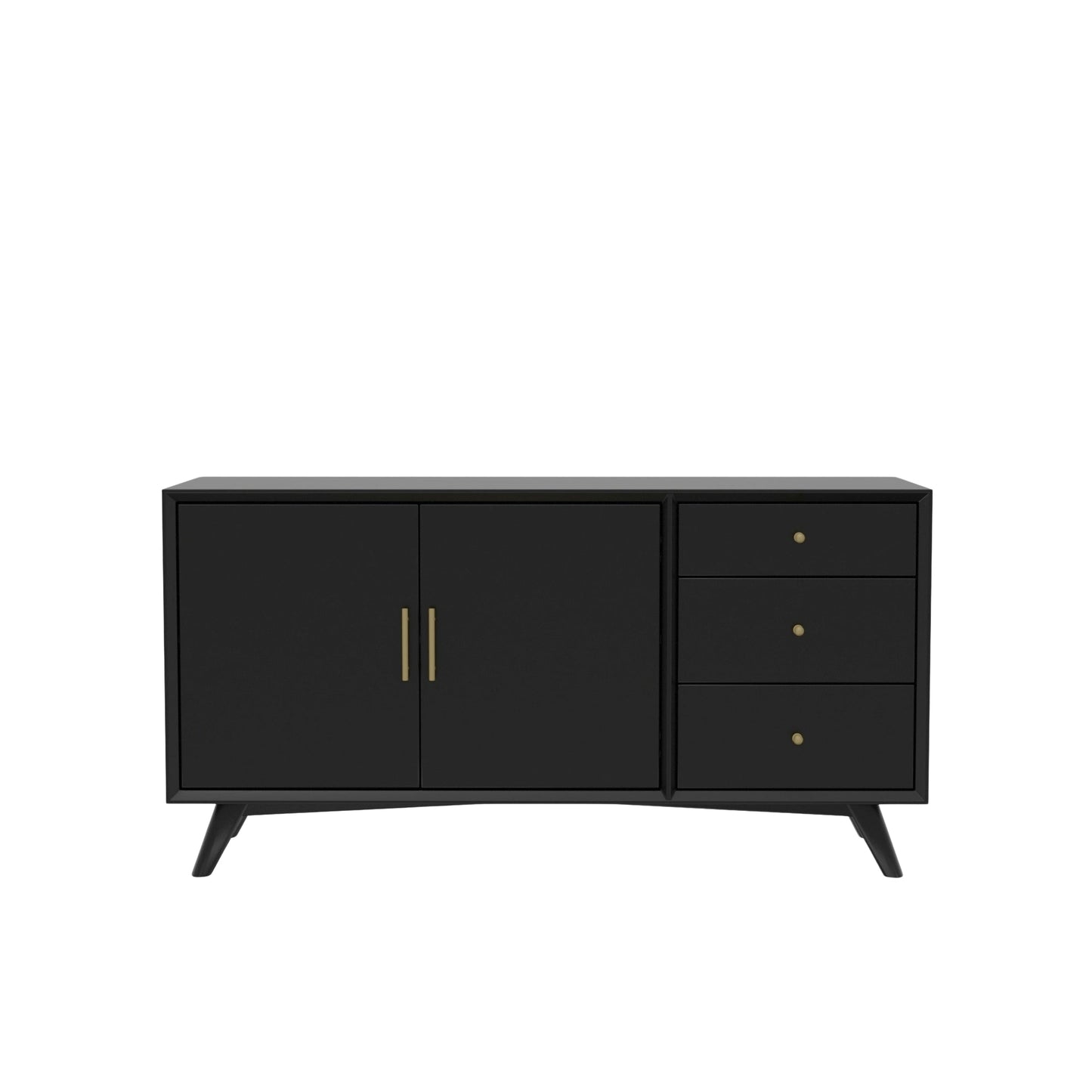 Flynn Sideboard in Black with sleek design and gold accents, featuring drawers and shelves for organized storage.