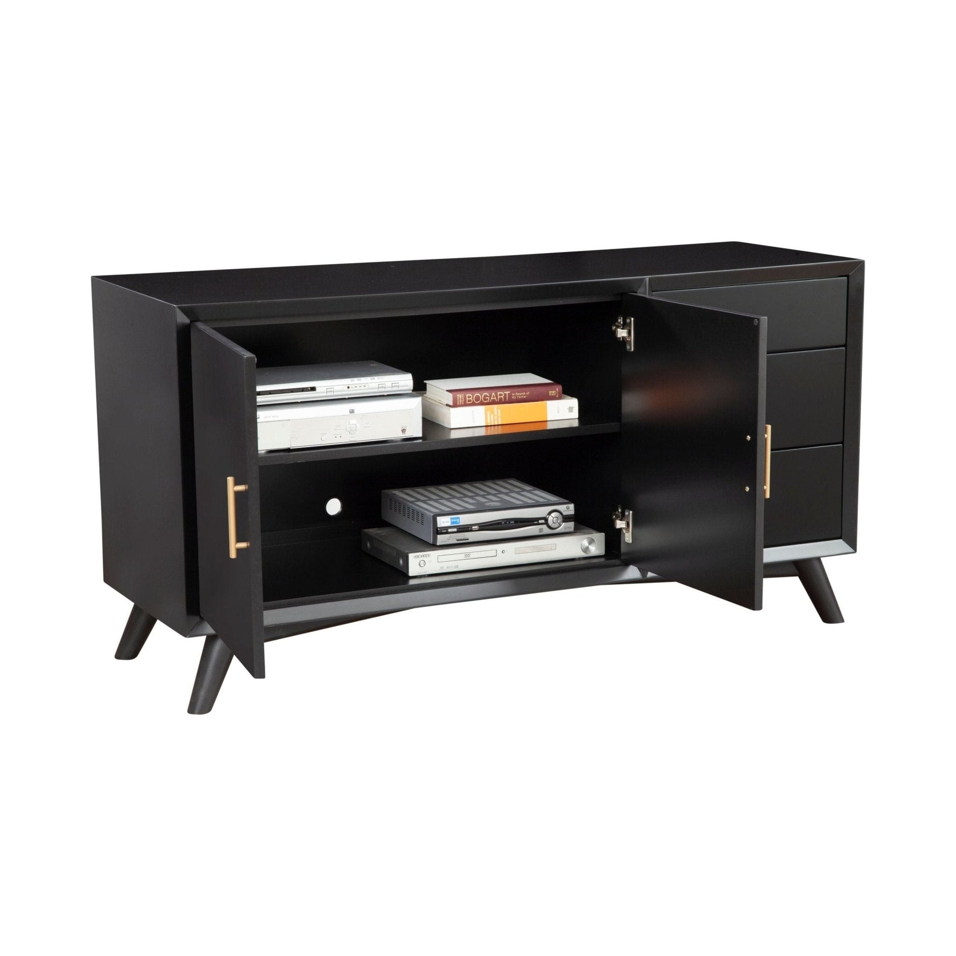 Flynn Sideboard in Black showcasing contemporary design with open doors and shelves for storage.