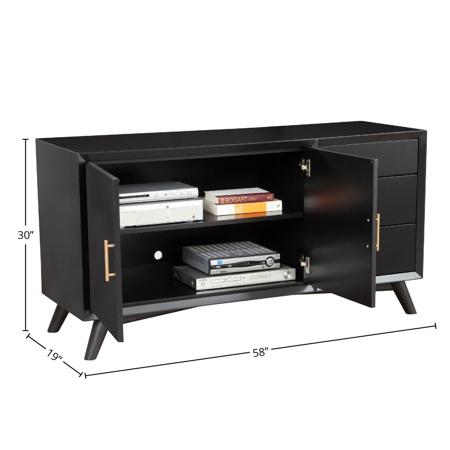 Flynn Sideboard in Black with open storage and closed drawers, elegant design with clean lines and modern finish