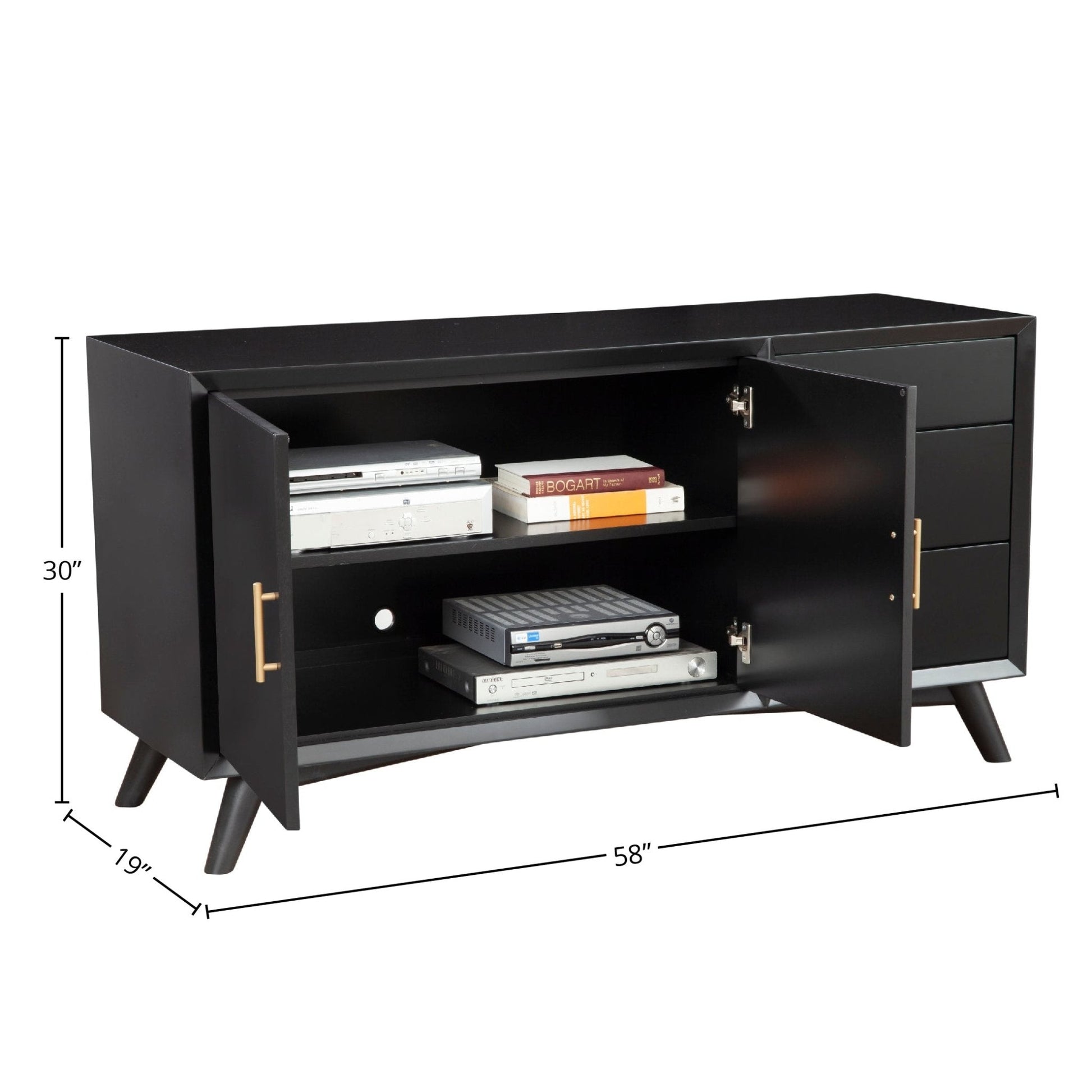 Flynn Sideboard in Black with open storage and closed drawers, elegant design with clean lines and modern finish
