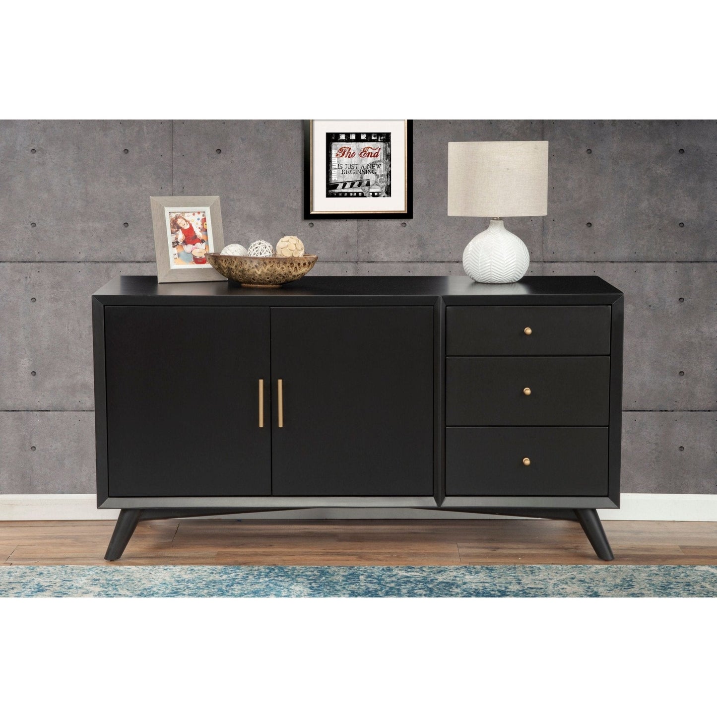 Flynn Sideboard in Black featuring elegant design, adjustable shelves, and stylish drawer details.