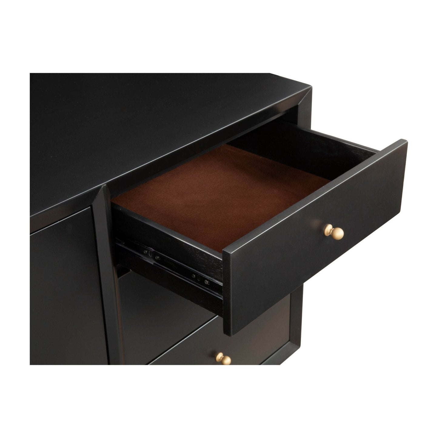 Flynn Sideboard black drawer with felt lining and gold knob open, showcasing elegant storage.