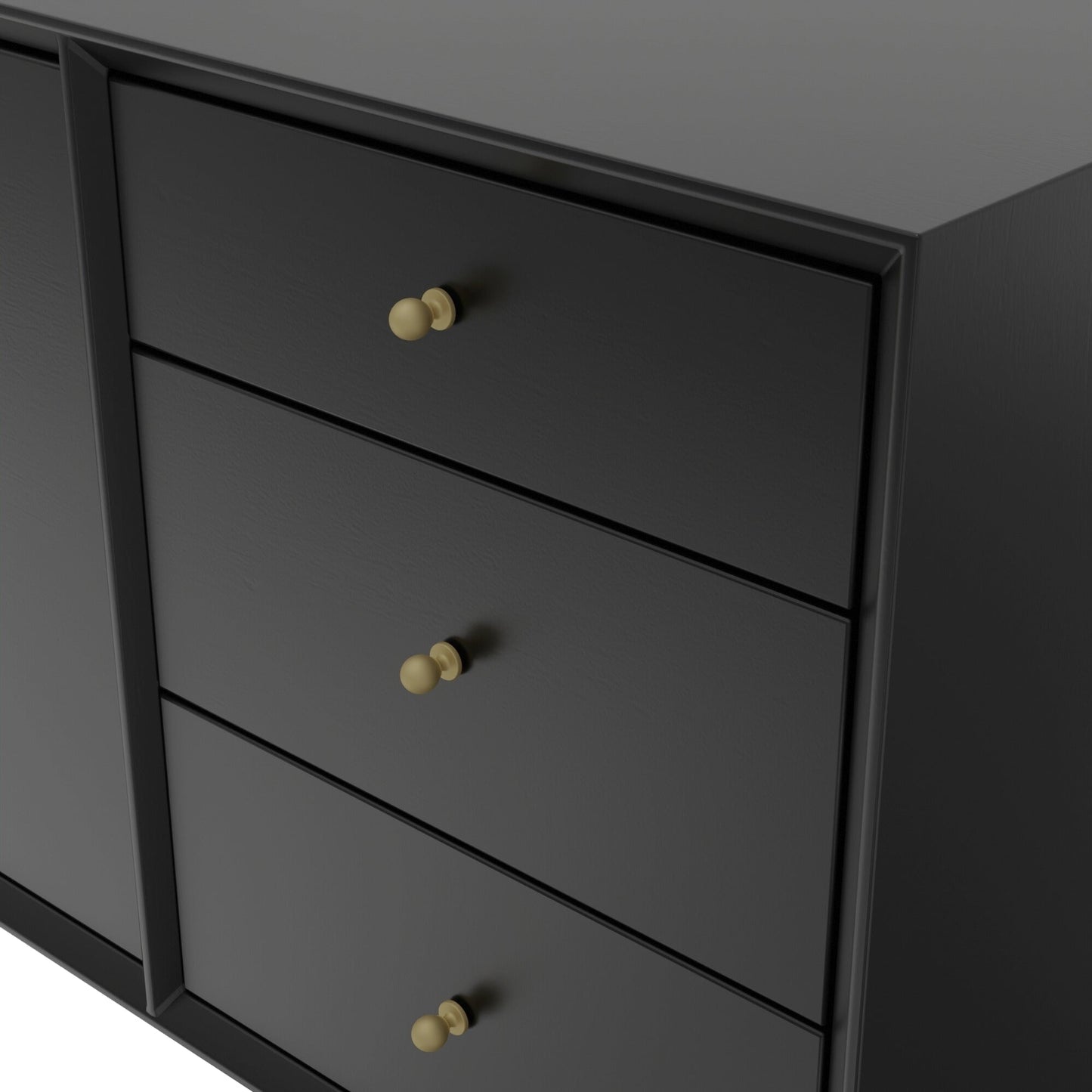 Flynn Sideboard black finish with three drawers and gold knobs, showcasing modern design and elegance.