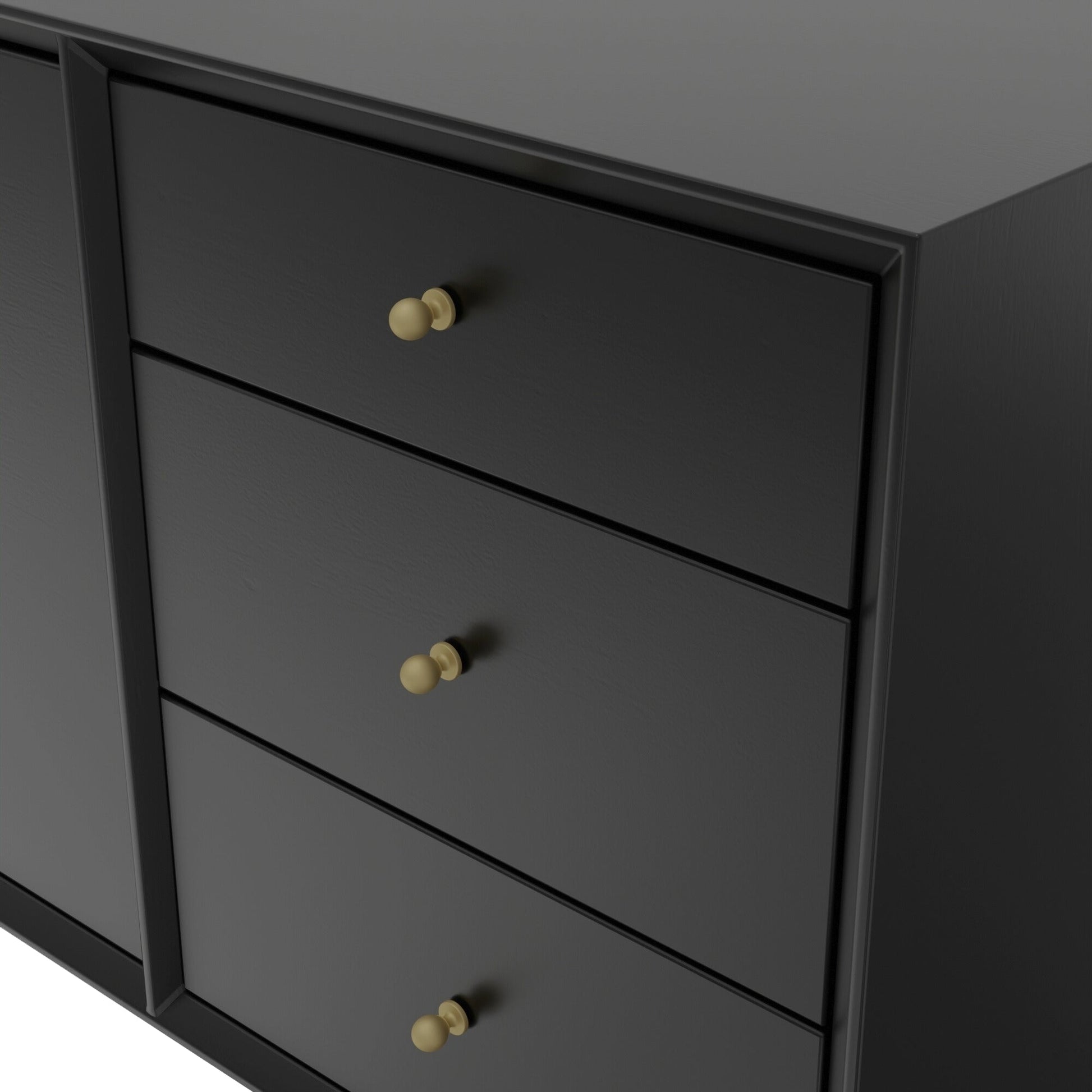 Flynn Sideboard black finish with three drawers and gold knobs, showcasing modern design and elegance.
