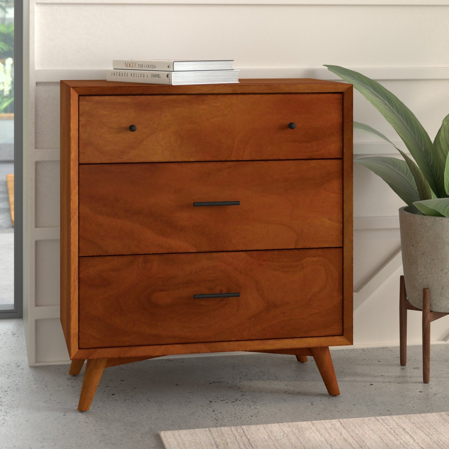 Flynn Small Chest in Chestnut finish, featuring three drawers and Mid-Century Modern design style.