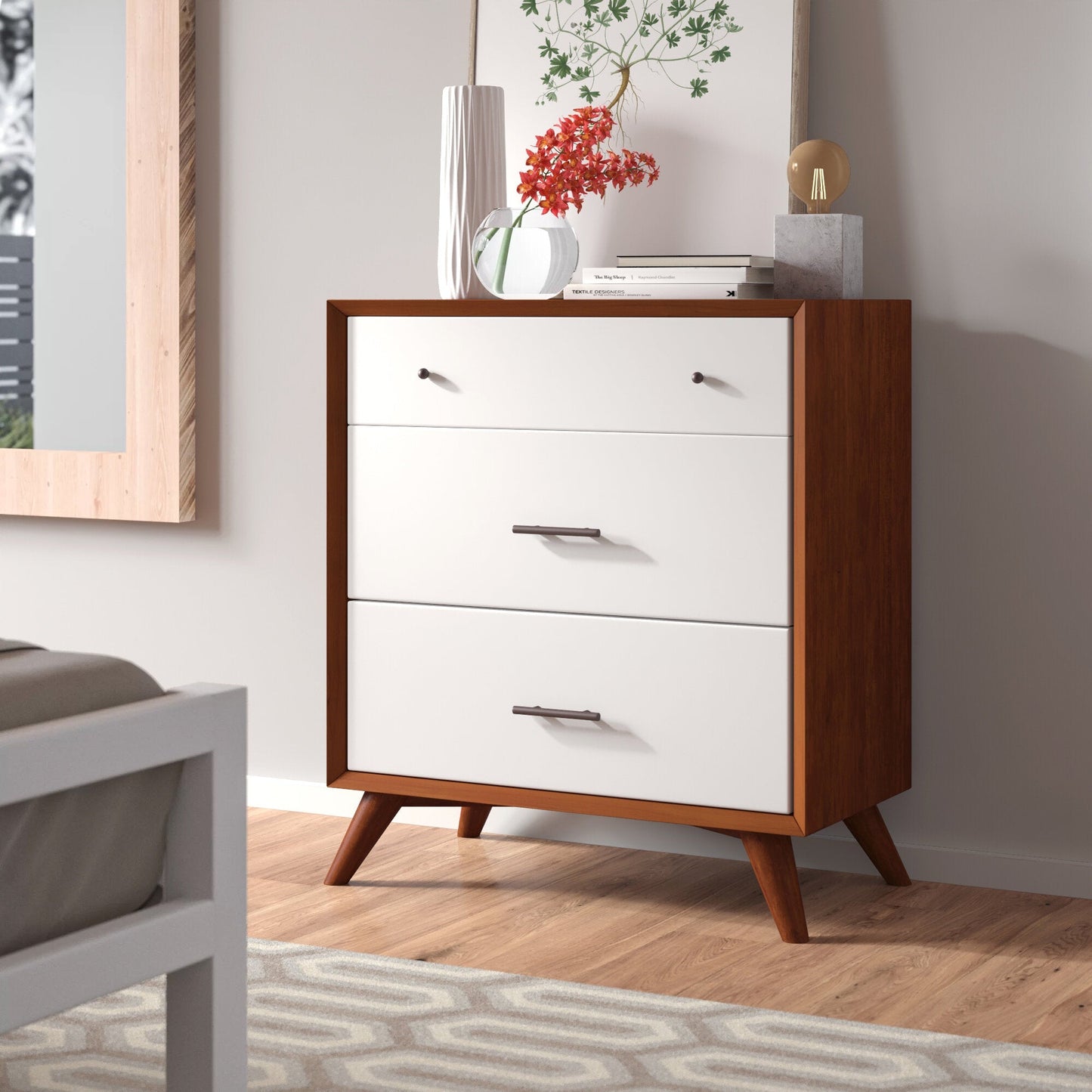 Flynn Small Chest in chestnut and white, showcasing Mid-Century Modern design with three drawers for stylish storage.