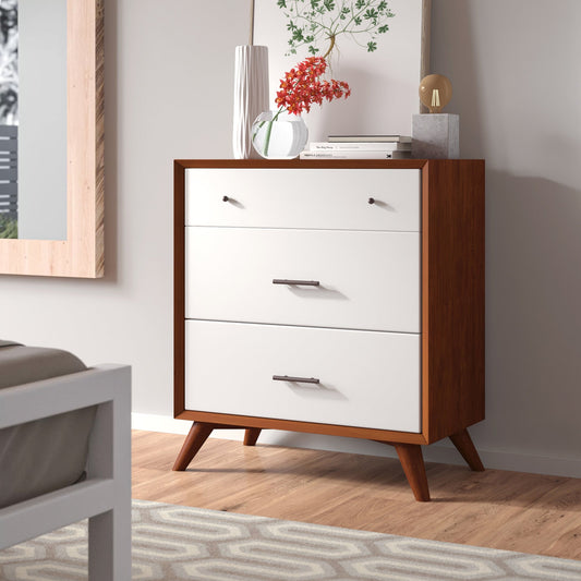 Flynn Small Chest in chestnut and white, showcasing Mid-Century Modern design with three drawers for stylish storage.