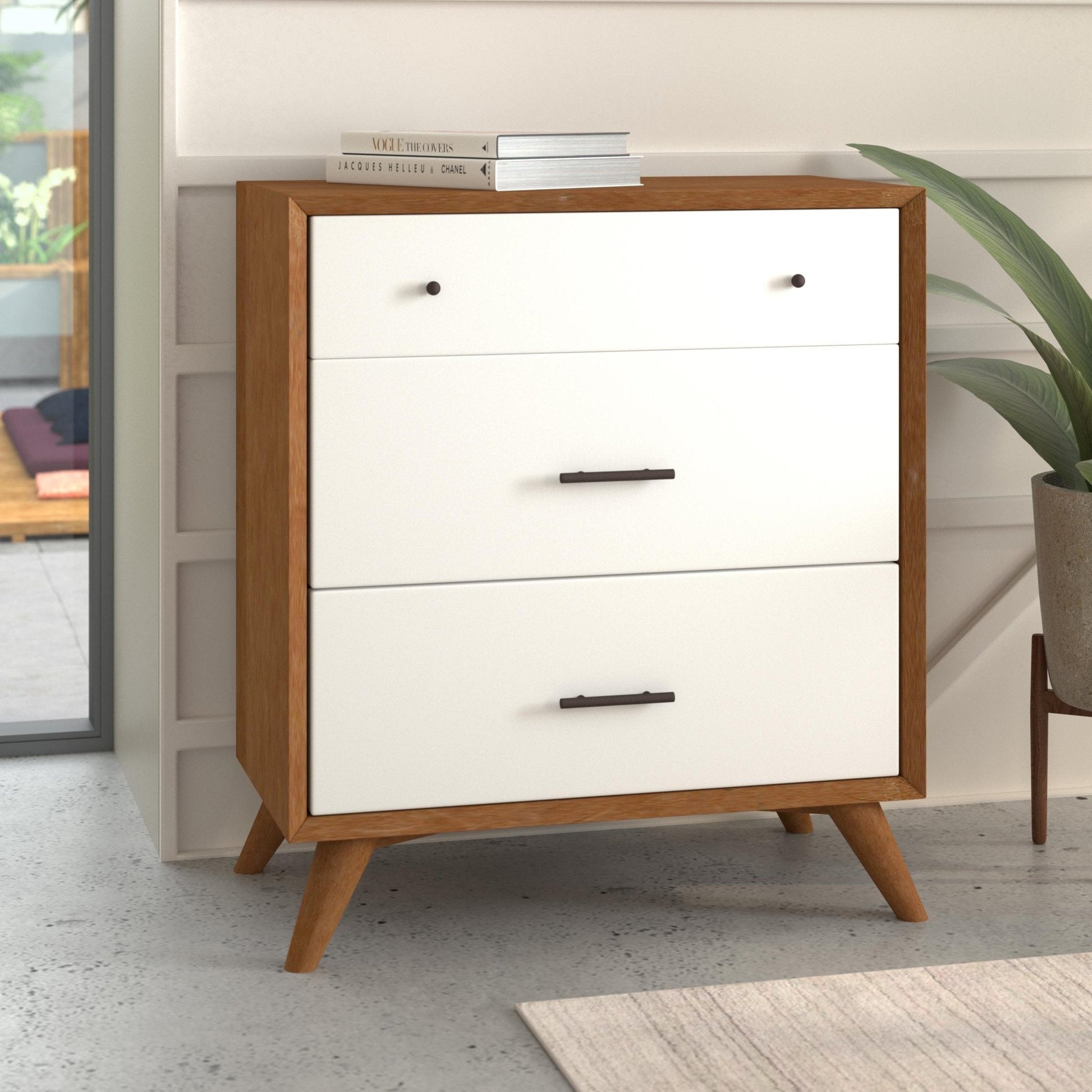 Flynn Small Chest in Chestnut/White, featuring Mid-Century Modern design with sturdy Mahogany construction.