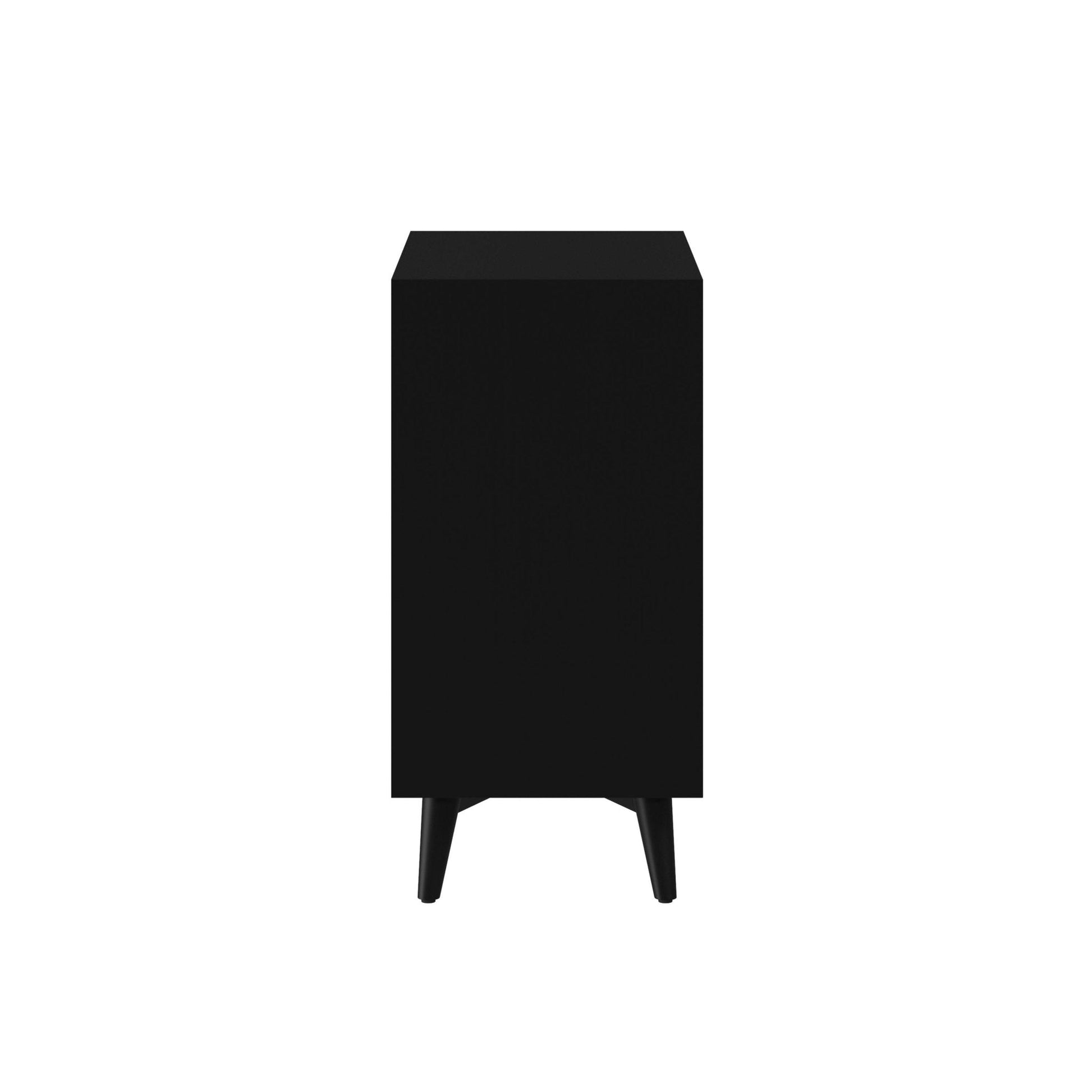 Flynn Small Chest in black, showcasing Mid-Century Modern design with sturdy frame and stylish legs.