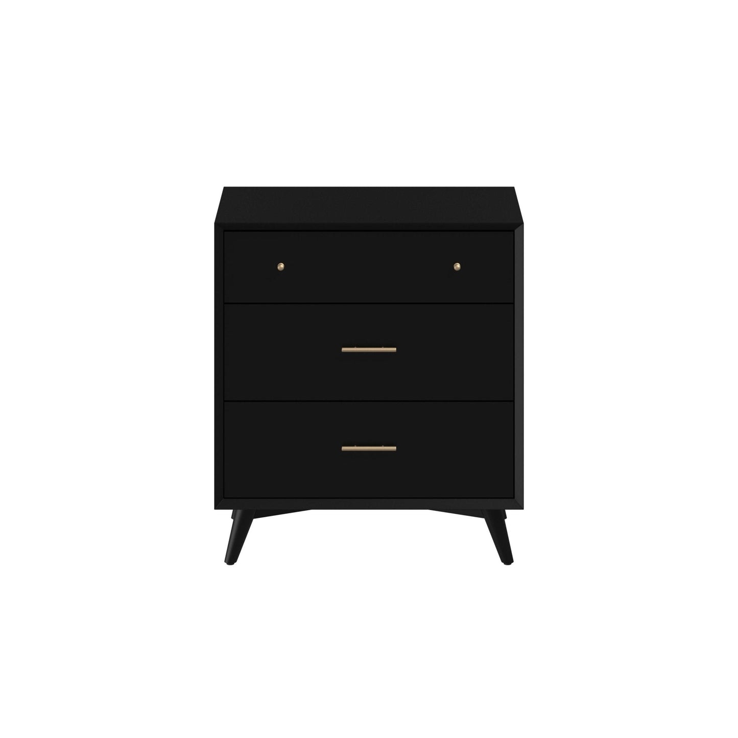 Flynn Small Chest in black with three drawers and sleek design, perfect for Mid-Century Modern decor.