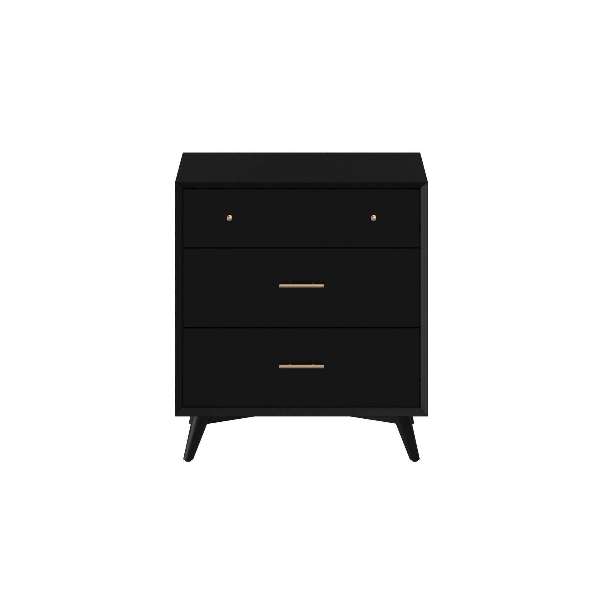 Flynn Small Chest in black with three drawers and sleek design, perfect for Mid-Century Modern decor.