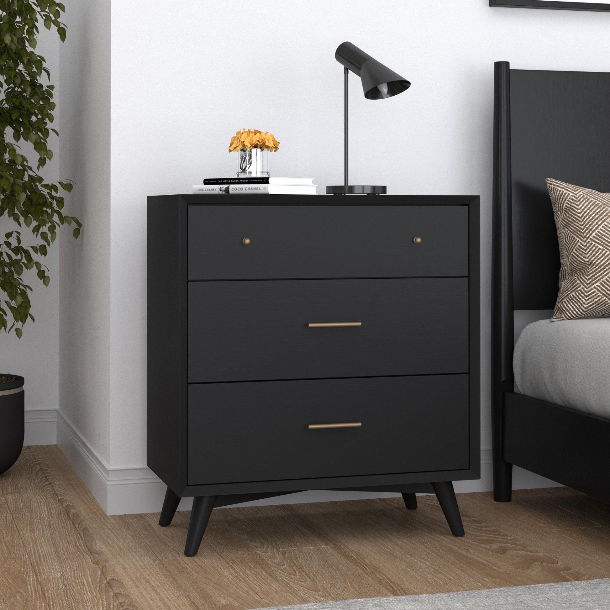 Flynn Small Chest in black with three drawers, stylish modern design, ideal for bedroom storage.