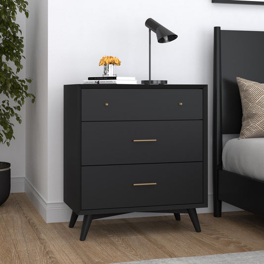 Flynn Small Chest in black with three drawers, stylish modern design, ideal for bedroom storage.