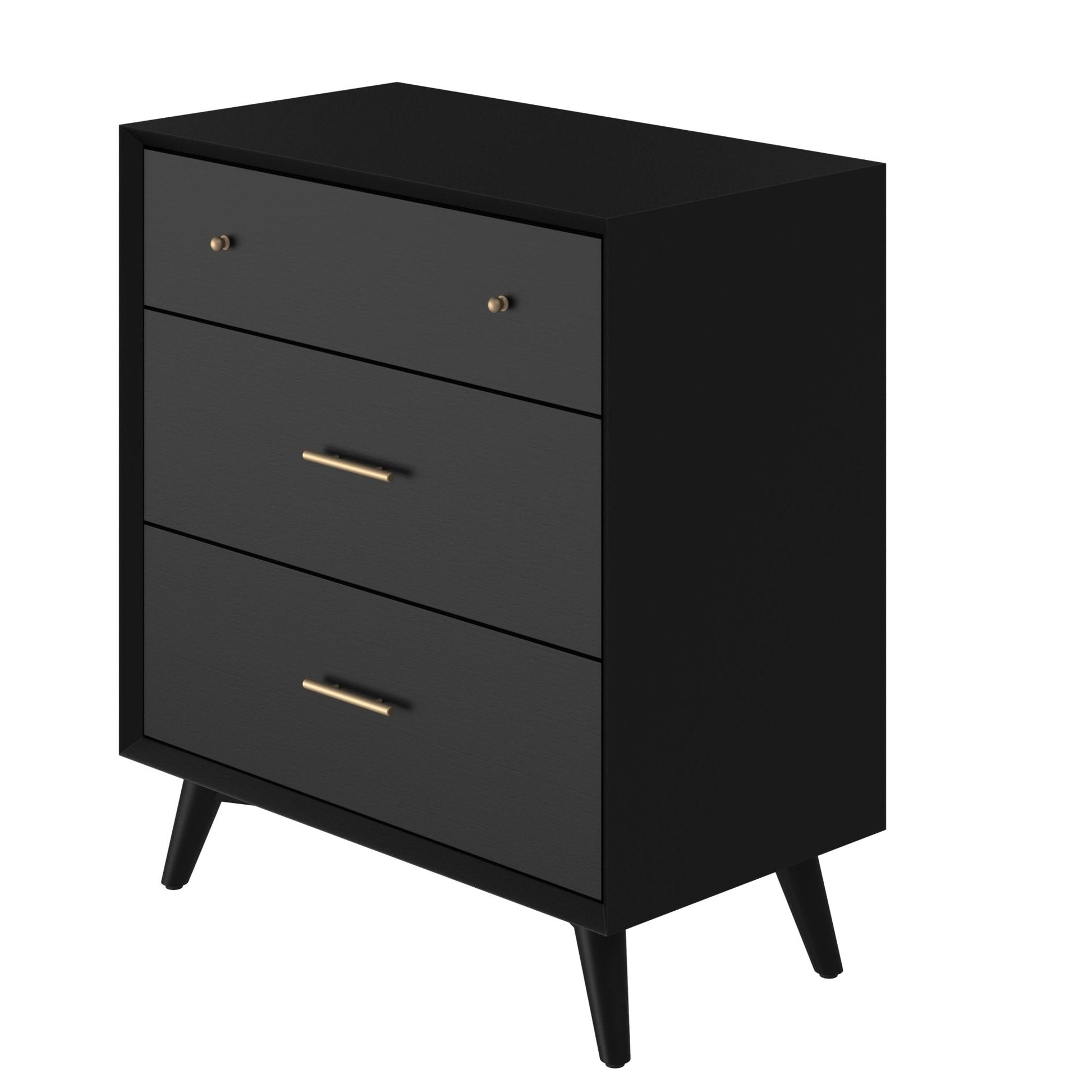 Flynn Small Chest in black, featuring Mid-Century Modern design with three spacious drawers and stylish gold handles.